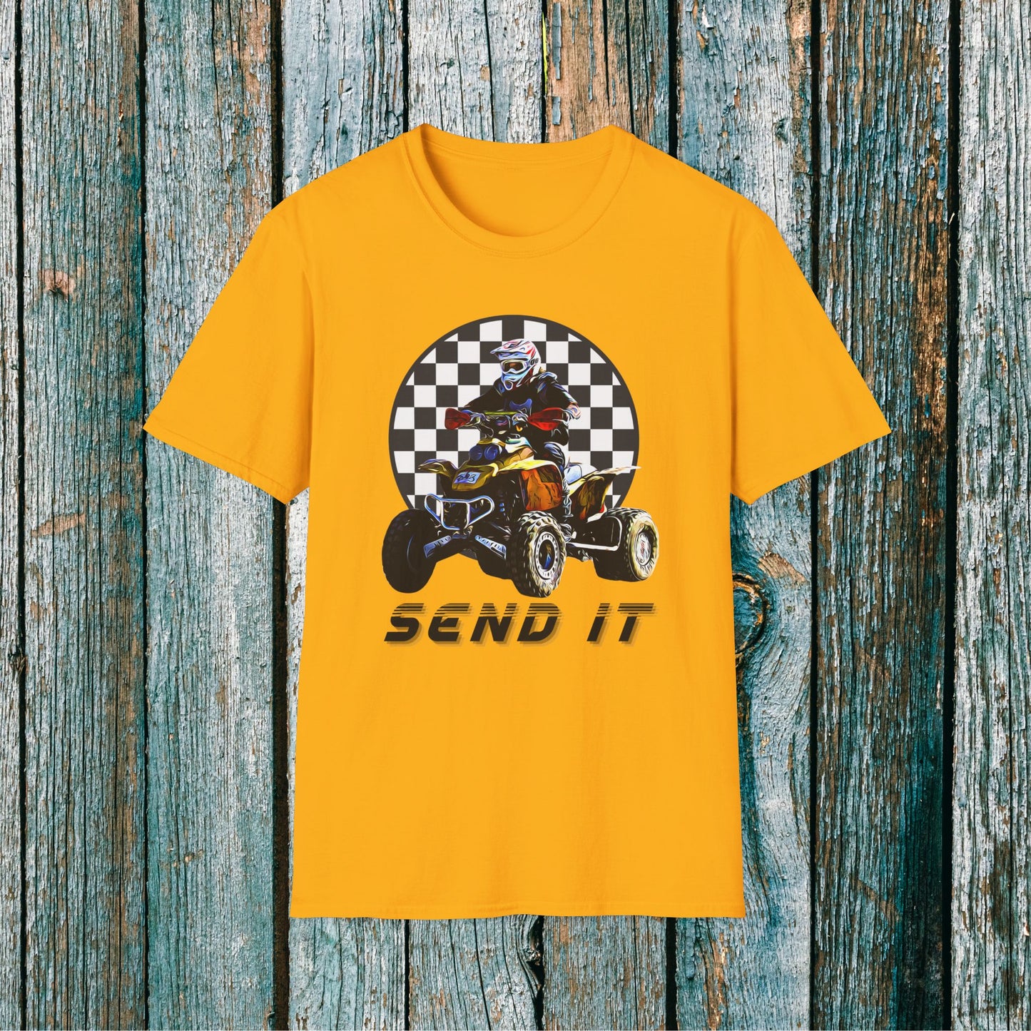 ATV Racing T-Shirt Says SEND IT | Honda 400 EX Racing Flag Four-Wheeler Riding Shirt