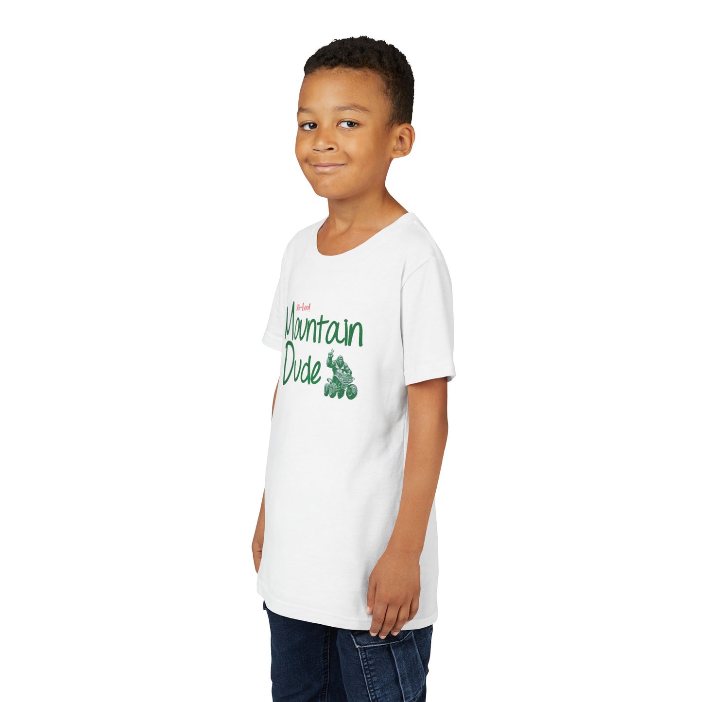 Youth Bigfoot Mountain Dude Tee | Funny Sasquatch/Yeti Short Sleeve Shirt for Kids | Old Mountain Dew Design