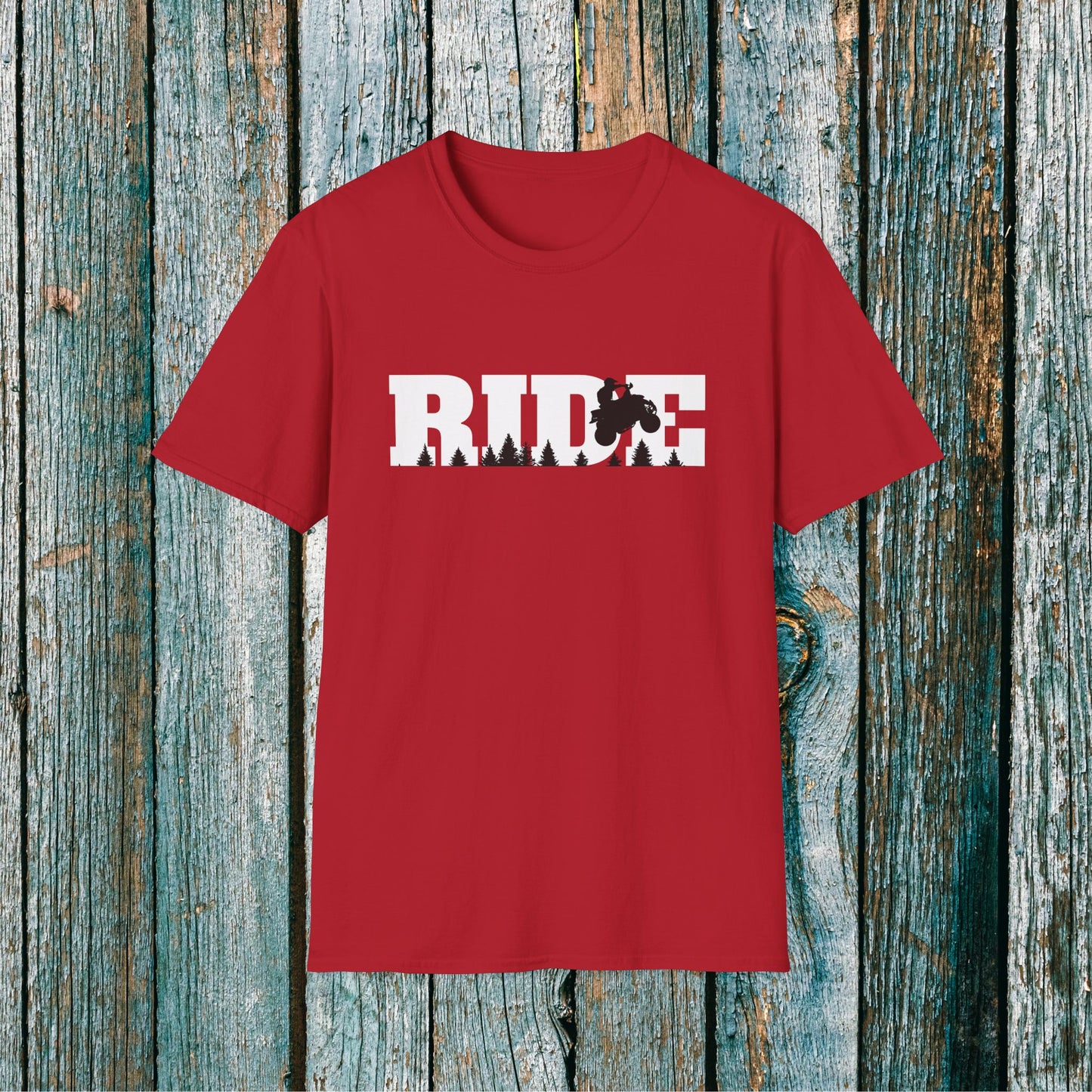 ATV RIDE Big Letters T-Shirt | Man on Honda 400EX Fourwheeler rides through the forest