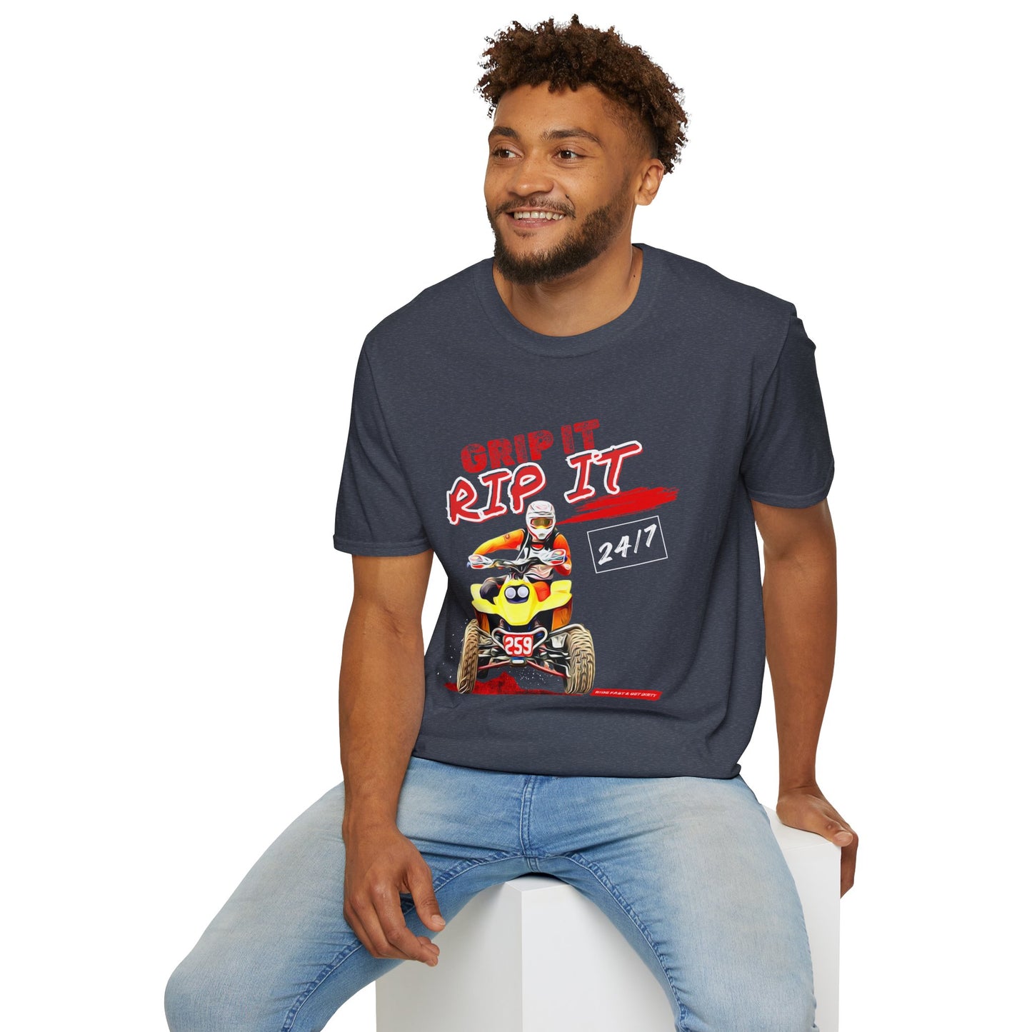 ATV Quad Racer T-Shirt | "Grip It Rip It" Off‑Road Fourwheeler Graphic Tee | Yellow Honda 400 EX