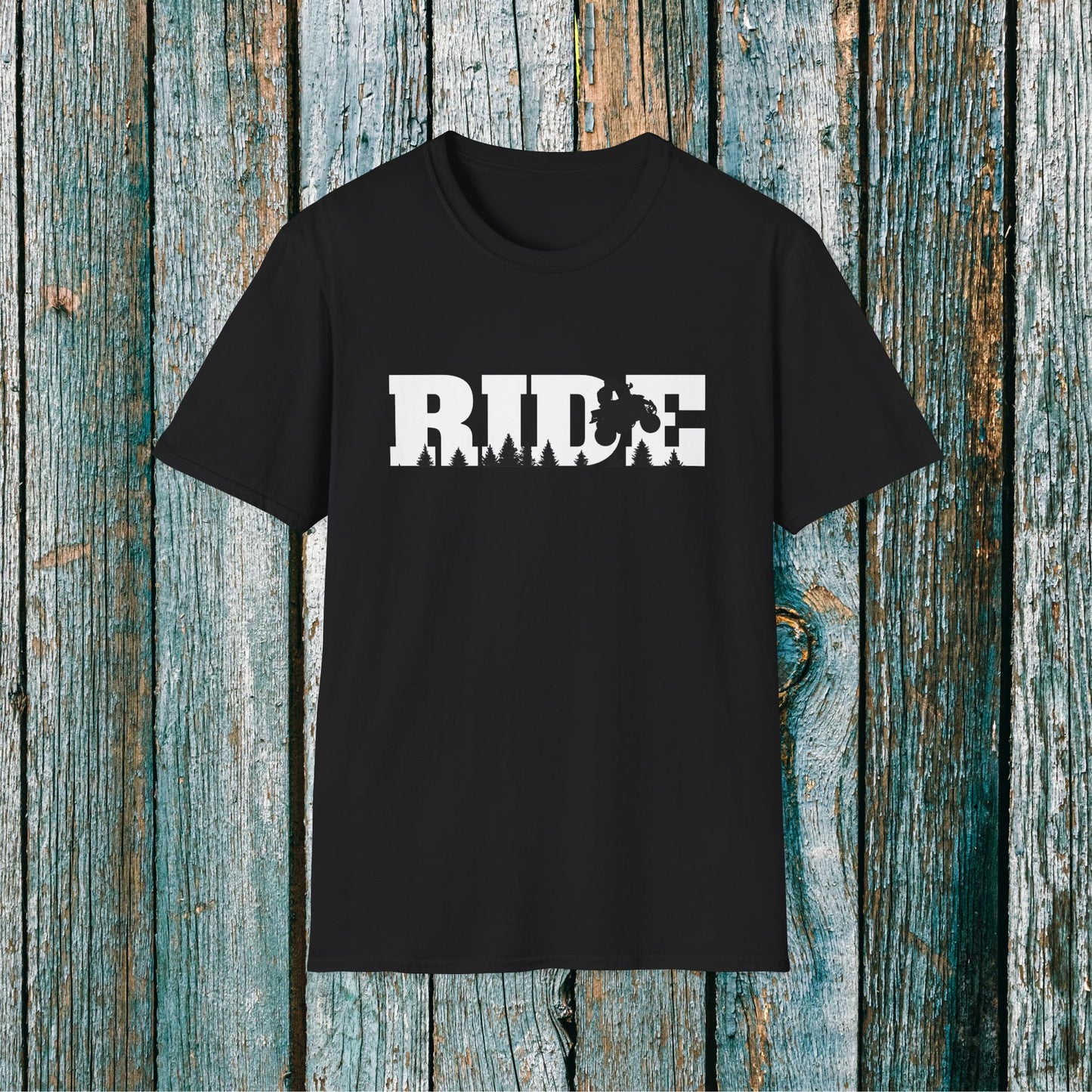 ATV RIDE Big Letters T-Shirt | Man on Honda 400EX Fourwheeler rides through the forest