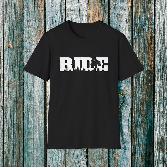 ATV RIDE Big Letters T-Shirt | Man on Honda 400EX Fourwheeler rides through the forest