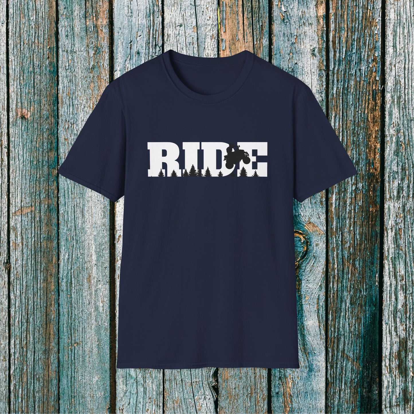 ATV RIDE Big Letters T-Shirt | Man on Honda 400EX Fourwheeler rides through the forest