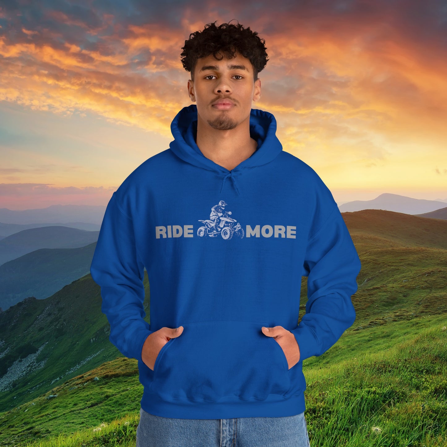 Mens Riding Hoodie | Man on Honda 450 ER atv | Ride More four wheeler sweatshirt | Unisex Heavy Blend™ Hooded Sweatshirt | ATV Hoodie for Men | Four wheeler hoodie for Boys