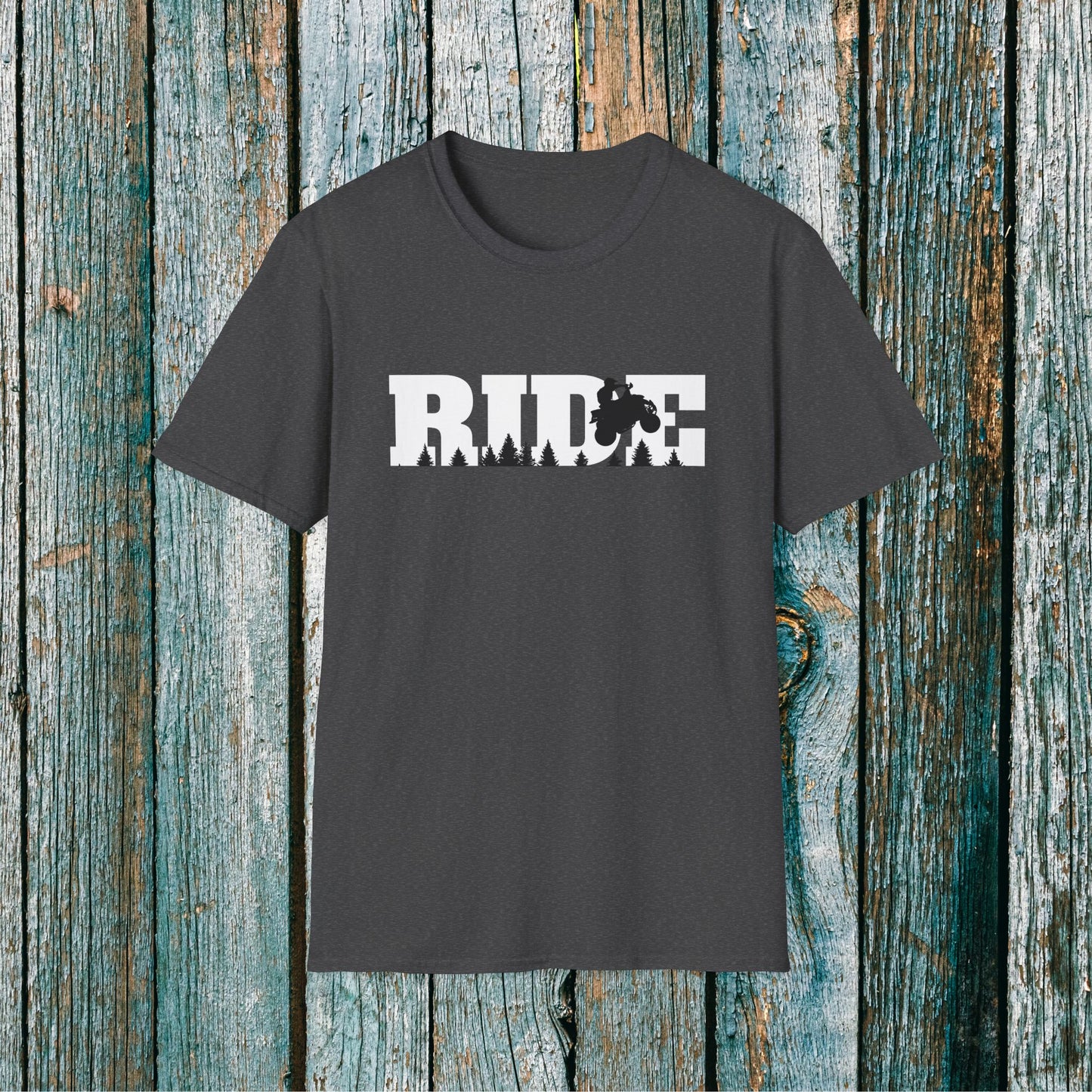 ATV RIDE Big Letters T-Shirt | Man on Honda 400EX Fourwheeler rides through the forest