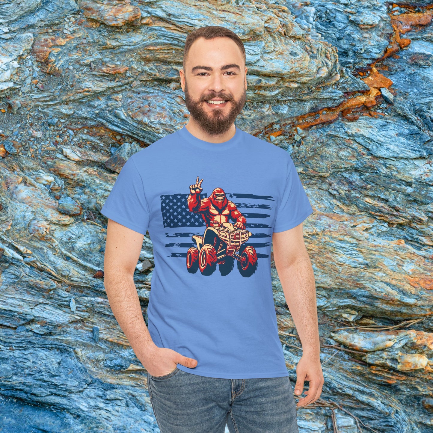 Mens BigFoot Shirt | BigFoot Riding a FourWheeler Shirt | Patriotic Flag & BigFoot Shirt | HEAVY Cotton Adult Unisex t shirt | ATV shirt for men | Fourwheeler shirts for boys