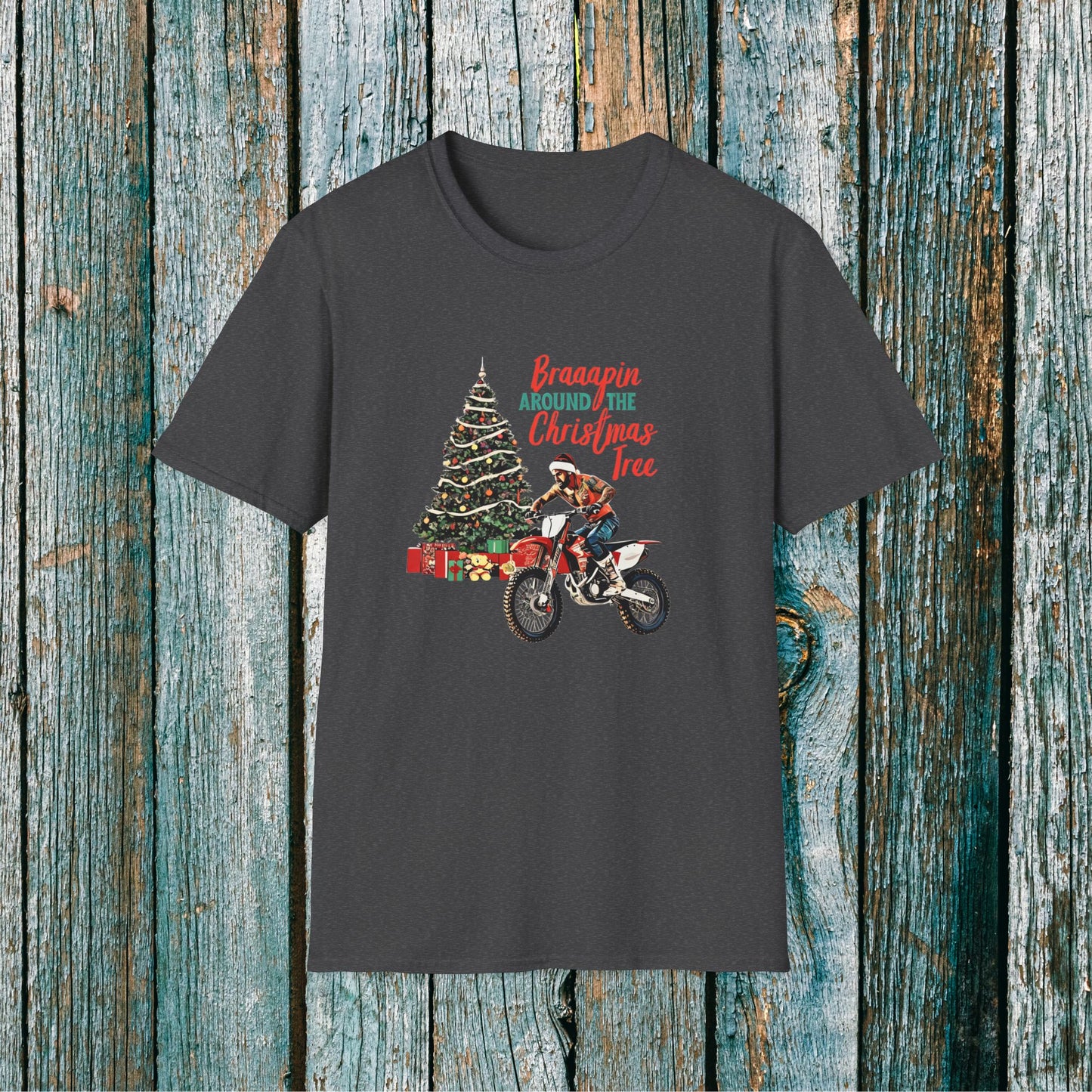 Holiday Bike Shirt | Braaapin Around The Christmas Tree | SOFT Cotton Adult Unisex tee shirt | Dirt Track shirt | Dirt bike Ugly Sweater