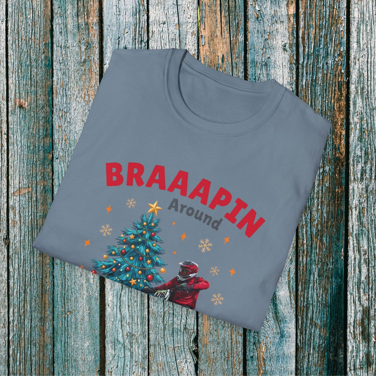 Holiday Bike Softstyle T-Shirt | Braaapin Around The Christmas Tree | Dirt Bike Ugly Sweater