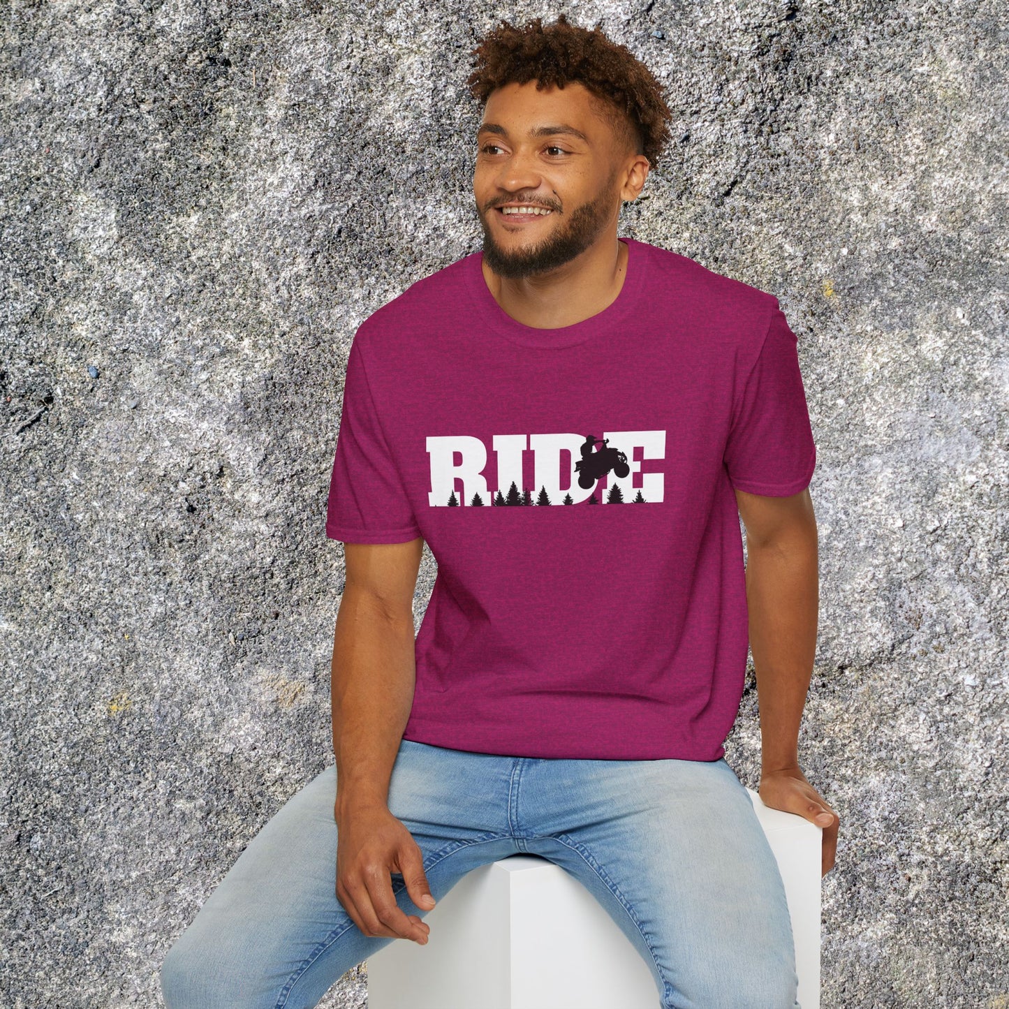 ATV RIDE Big Letters T-Shirt | Man on Honda 400EX Fourwheeler rides through the forest