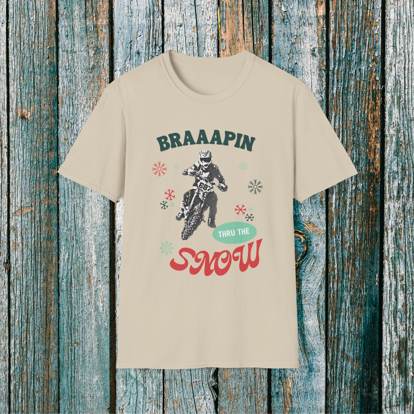 Holiday Motocross Racing Softstyle T-Shirt | Braaapin Through the Snow | Dirt Bike Ugly Sweater