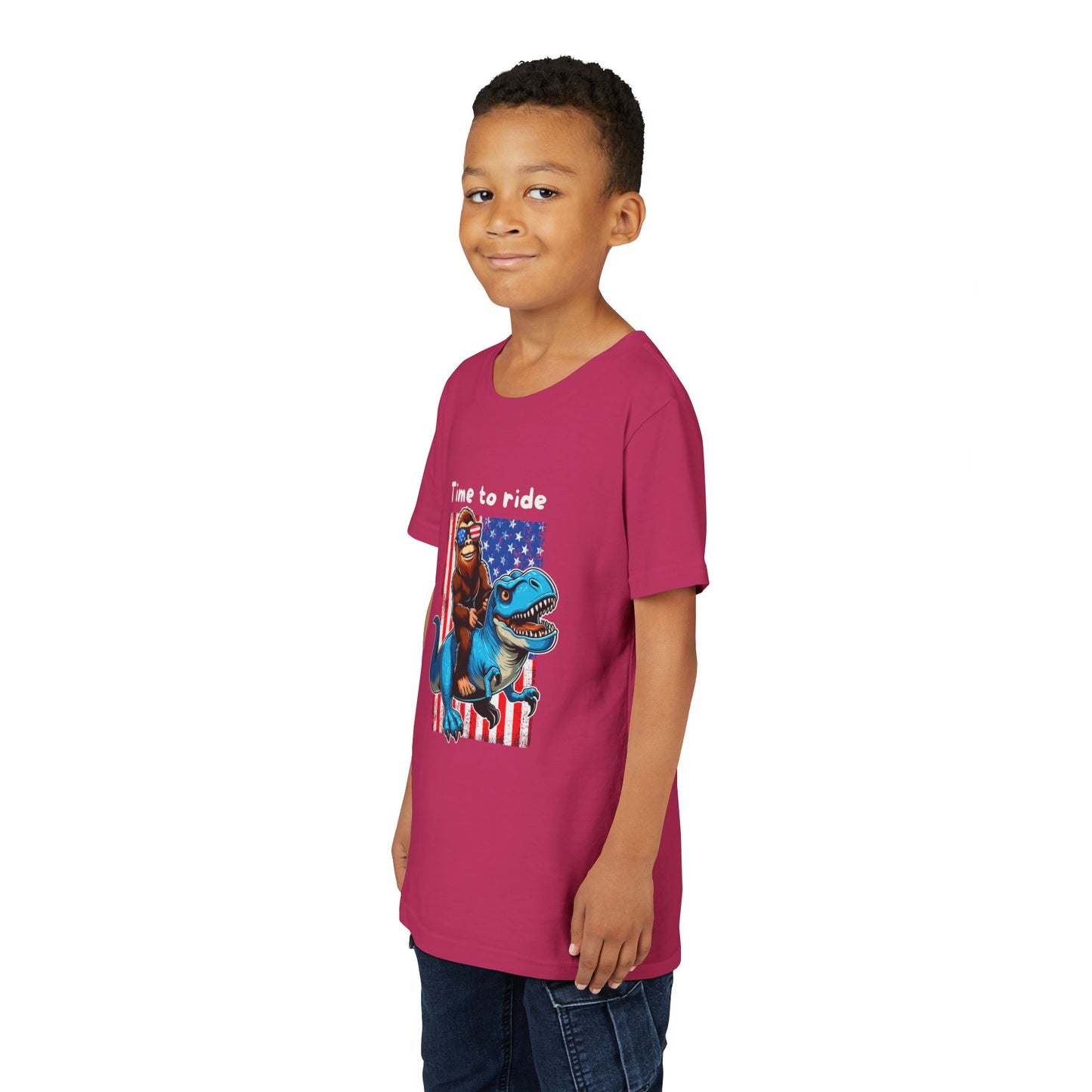 Patriotic Bigfoot Dino Youth Tee | Funny Sasquatch Yeti Short Sleeve for Kids