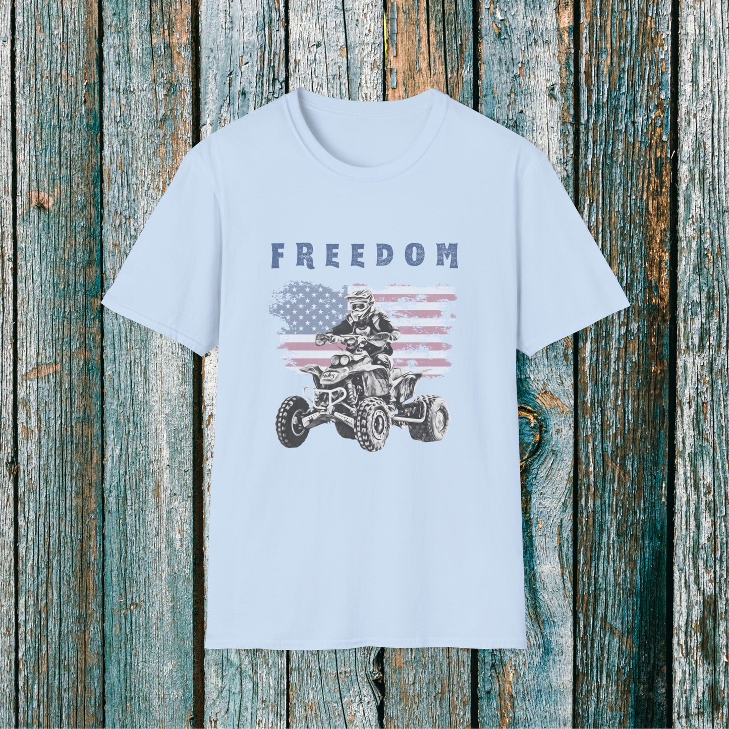 Mens ATV Shirt | Freedom Rider | American flag with man on Honda 400 EX ATV | Patriotic four wheeler riding shirt | SOFT Cotton Adult Unisex tee shirt | Four wheeler shirt for Boys