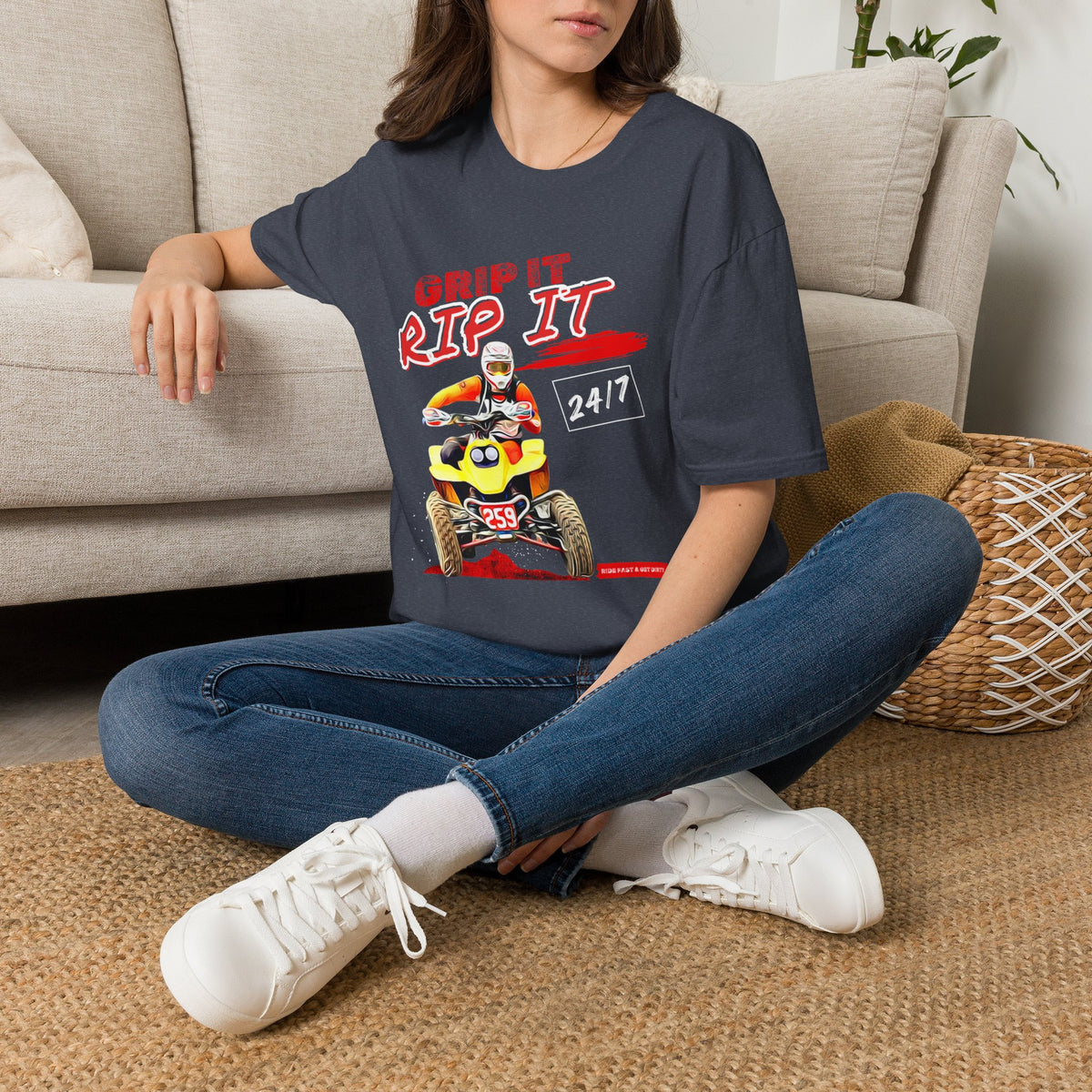 ATV Quad Racer T-Shirt | "Grip It Rip It" Off‑Road Fourwheeler Graphic Tee | Yellow Honda 400 EX