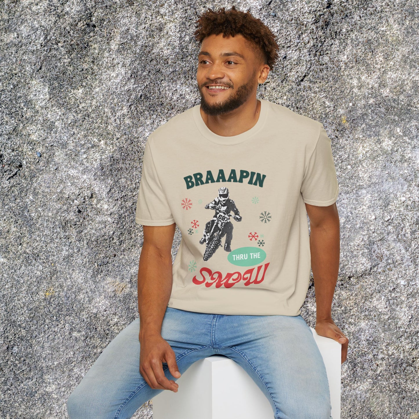 Holiday Motocross Racing Softstyle T-Shirt | Braaapin Through the Snow | Dirt Bike Ugly Sweater