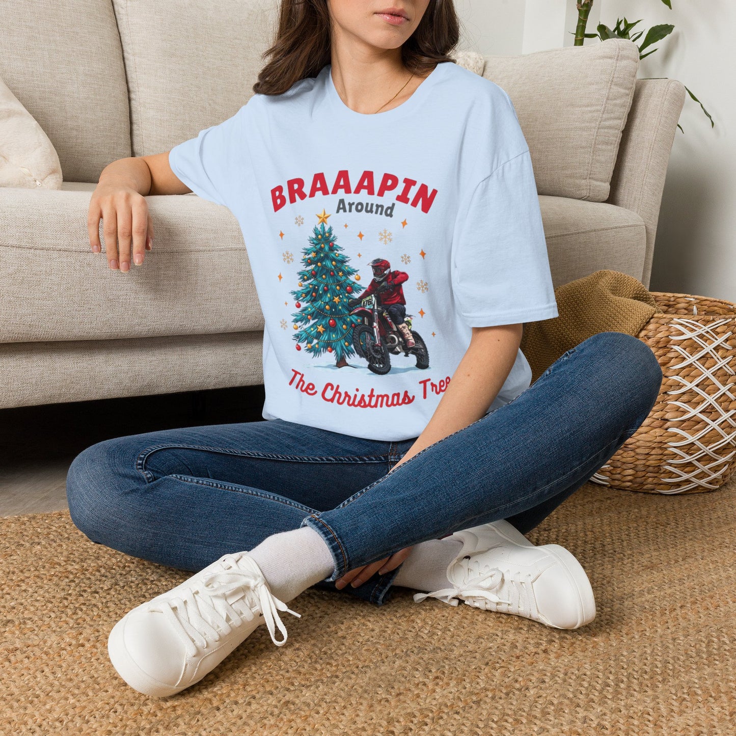 Holiday Bike Softstyle T-Shirt | Braaapin Around The Christmas Tree | Dirt Bike Ugly Sweater