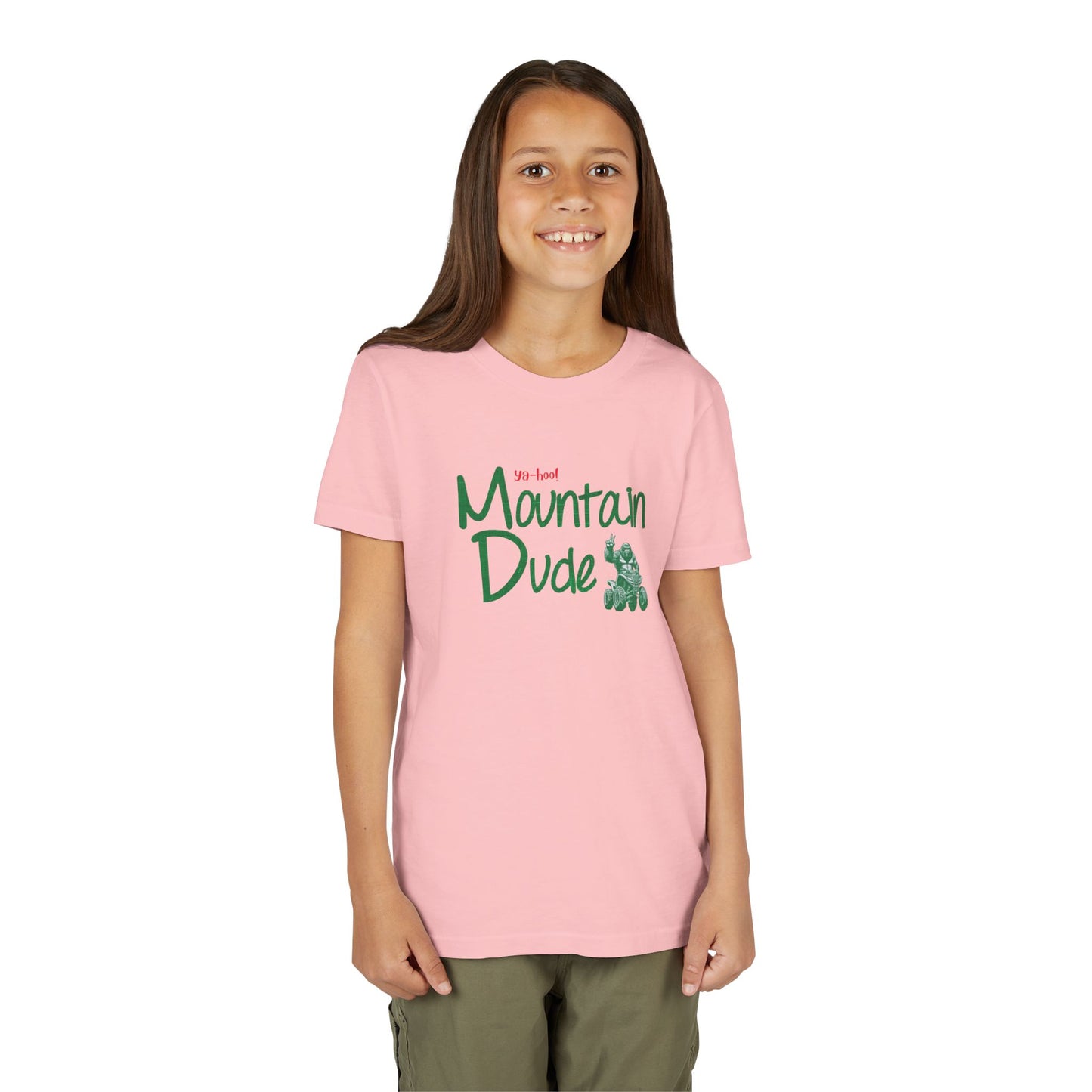 Youth Bigfoot Mountain Dude Tee | Funny Sasquatch/Yeti Short Sleeve Shirt for Kids | Old Mountain Dew Design