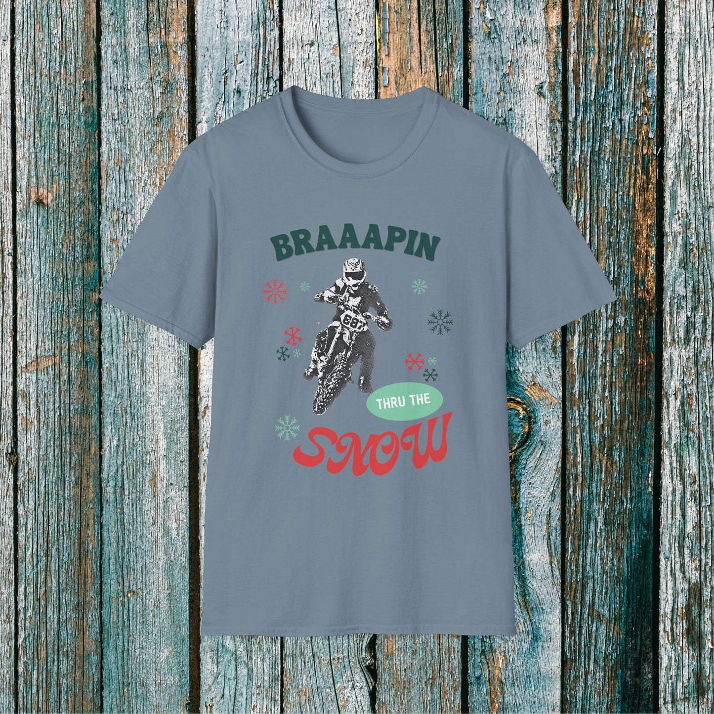 Holiday Motocross Racing Softstyle T-Shirt | Braaapin Through the Snow | Dirt Bike Ugly Sweater