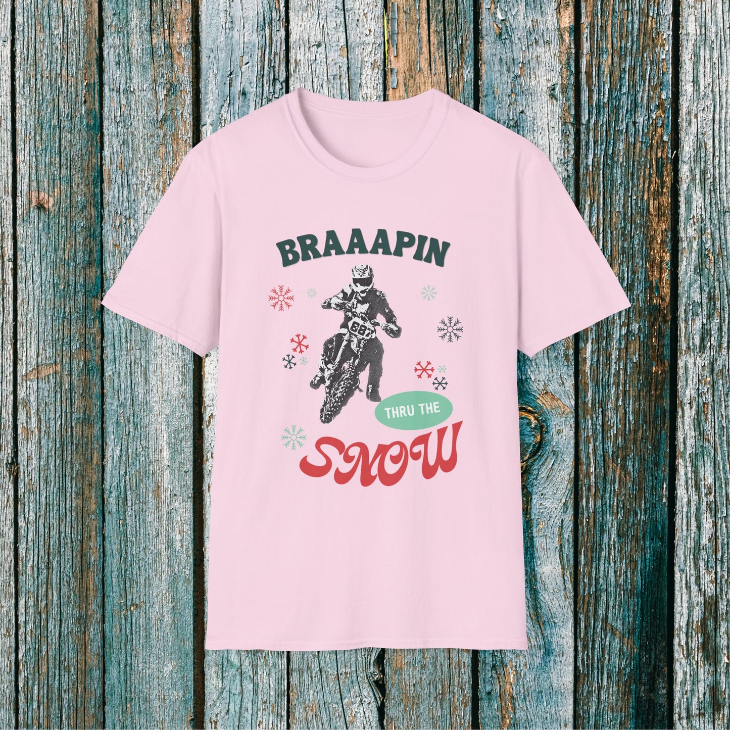 Holiday Motocross Racing Softstyle T-Shirt | Braaapin Through the Snow | Dirt Bike Ugly Sweater