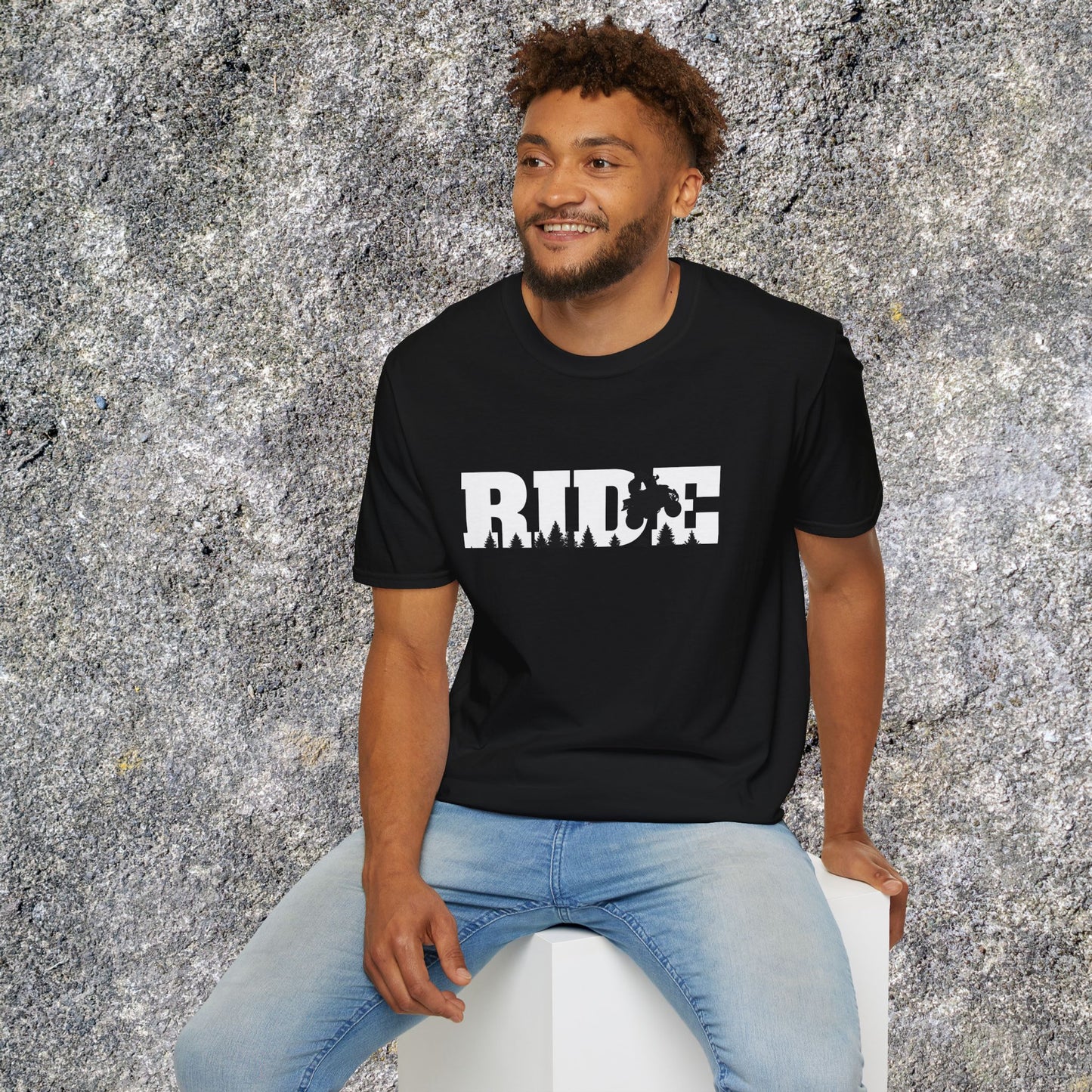 ATV RIDE Big Letters T-Shirt | Man on Honda 400EX Fourwheeler rides through the forest