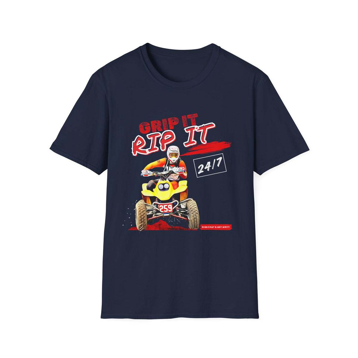 ATV Quad Racer T-Shirt | "Grip It Rip It" Off‑Road Fourwheeler Graphic Tee | Yellow Honda 400 EX