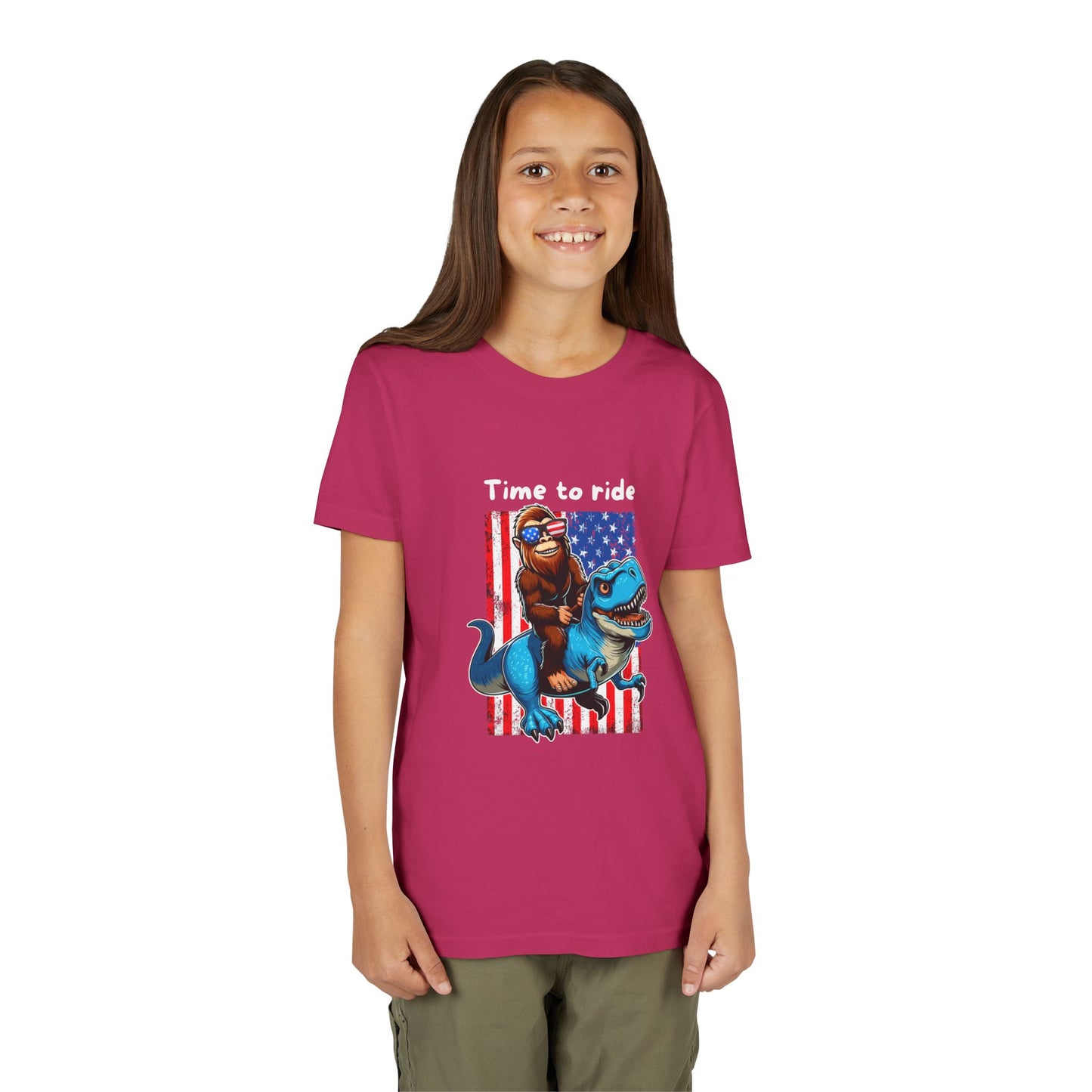 Patriotic Bigfoot Dino Youth Tee | Funny Sasquatch Yeti Short Sleeve for Kids