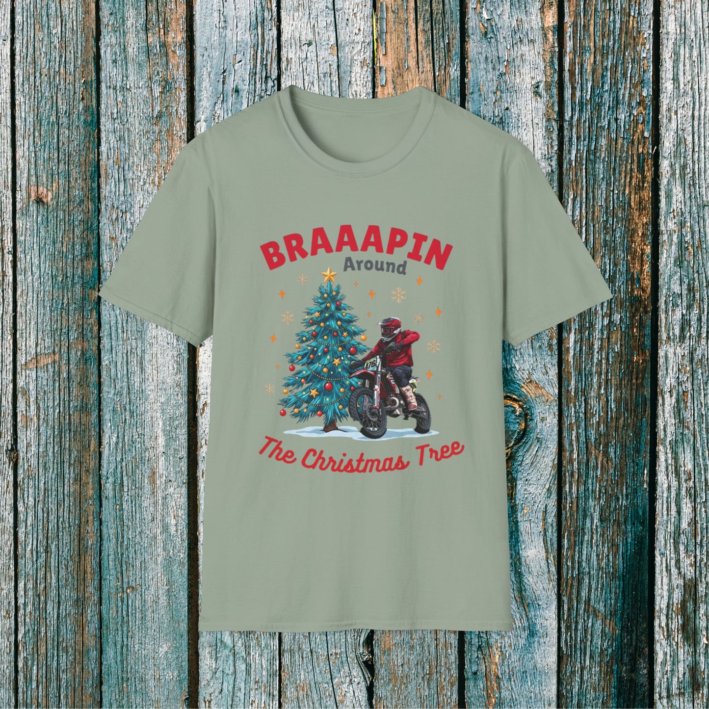 Holiday Bike Softstyle T-Shirt | Braaapin Around The Christmas Tree | Dirt Bike Ugly Sweater