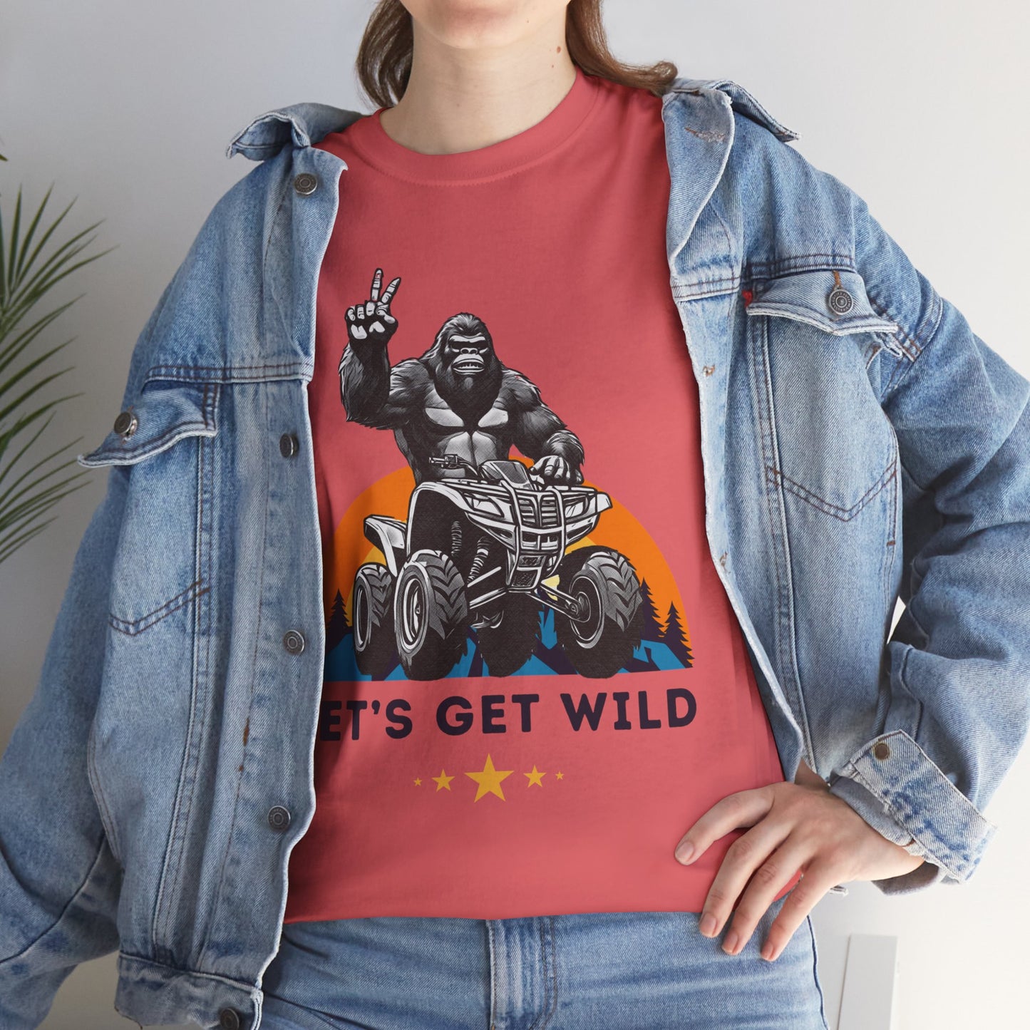 Mens BigFoot Shirt | BigFoot Riding a FourWheeler Shirt | Let's Get Wild BigFoot Shirt | HEAVY Cotton Adult Unisex t shirt | ATV shirt for men | Fourwheeler shirts for boys