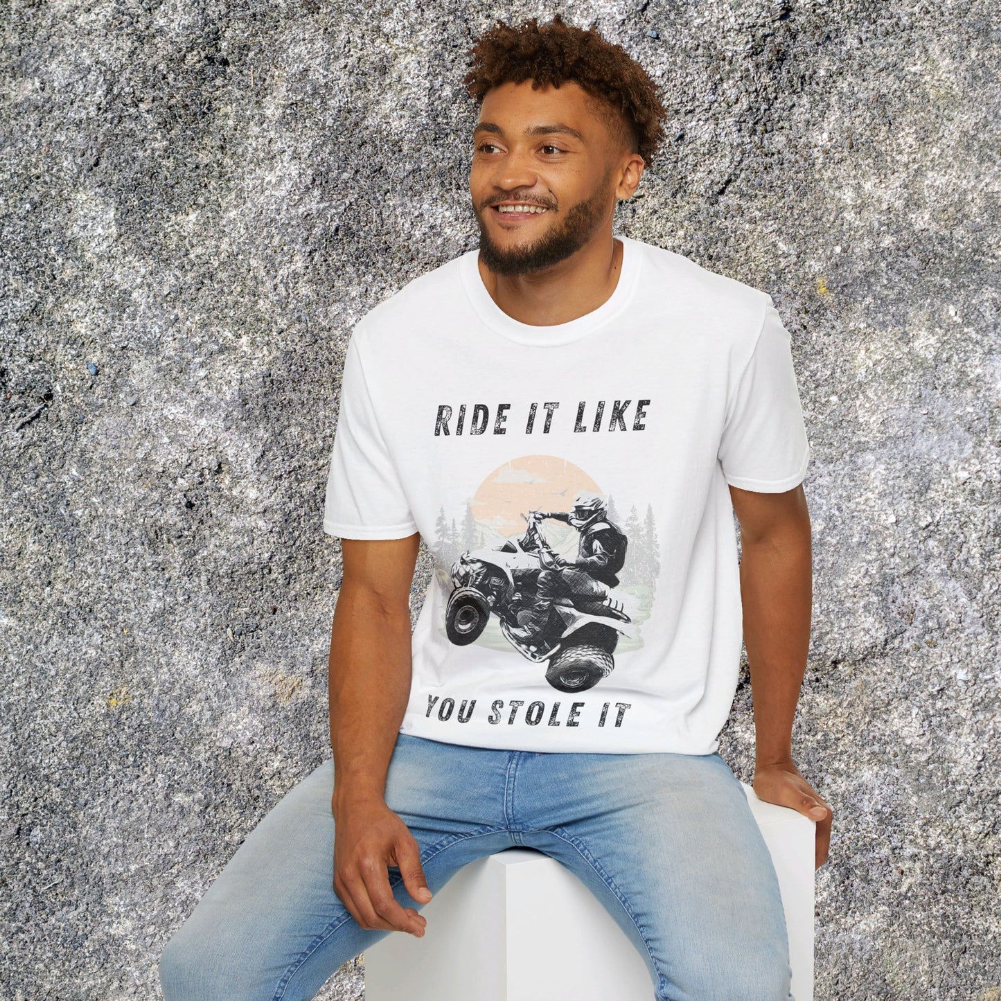 Mens Riding Shirt | Ride It Like You Stole It Man on Honda 400 EX ATV | SOFT Cotton Adult Unisex tee shirt | Four Wheeler shirt for men