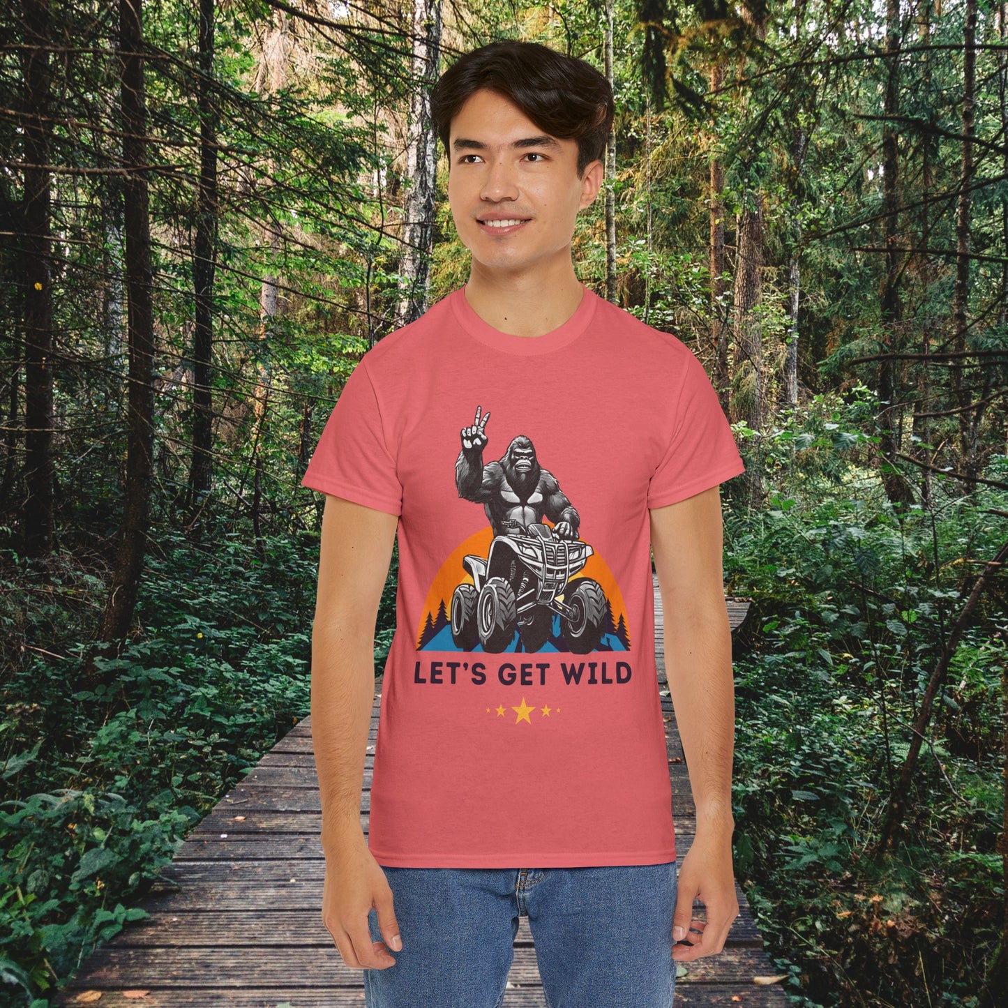 Mens BigFoot Shirt | BigFoot Riding a FourWheeler Shirt | Let's Get Wild BigFoot Shirt | HEAVY Cotton Adult Unisex t shirt | ATV shirt for men | Fourwheeler shirts for boys