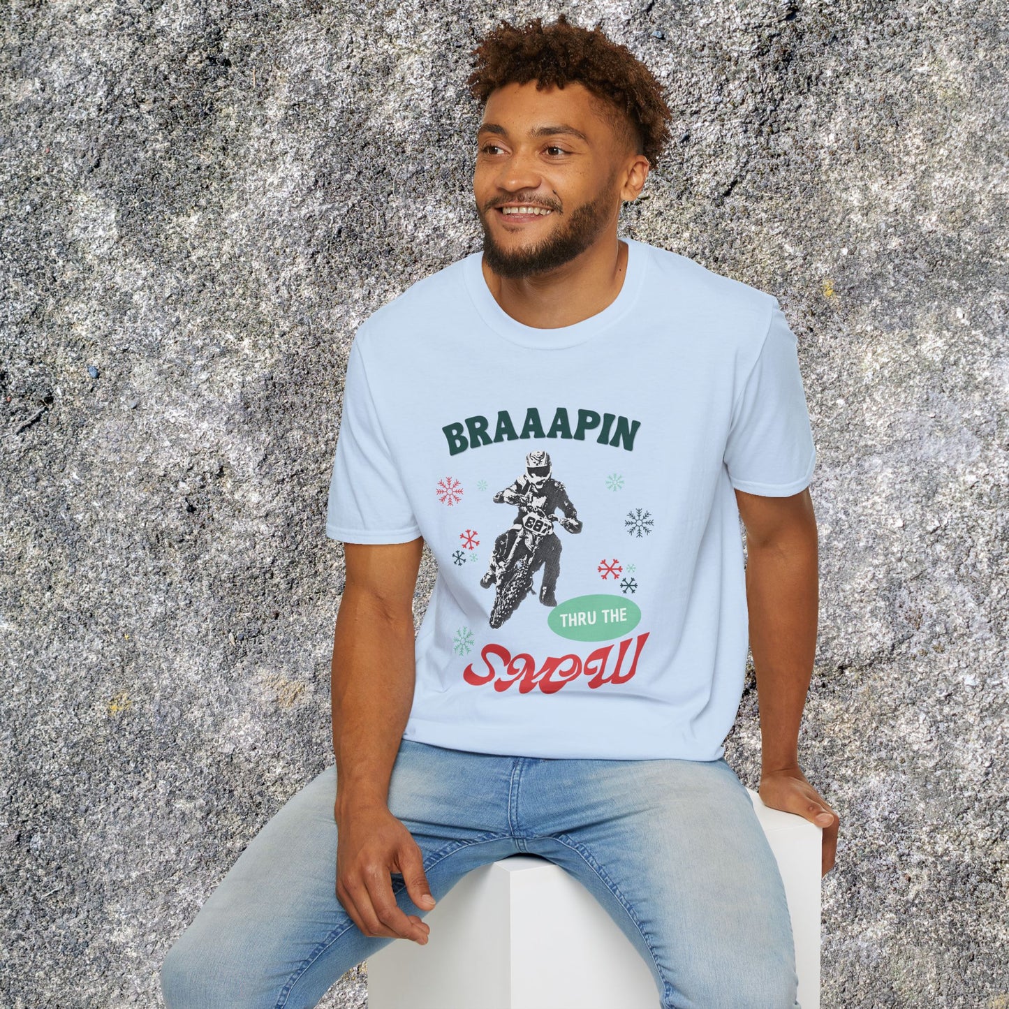 Holiday Motocross Racing Softstyle T-Shirt | Braaapin Through the Snow | Dirt Bike Ugly Sweater