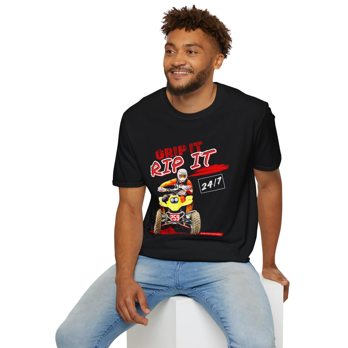 ATV Quad Racer T-Shirt | "Grip It Rip It" Off‑Road Fourwheeler Graphic Tee | Yellow Honda 400 EX