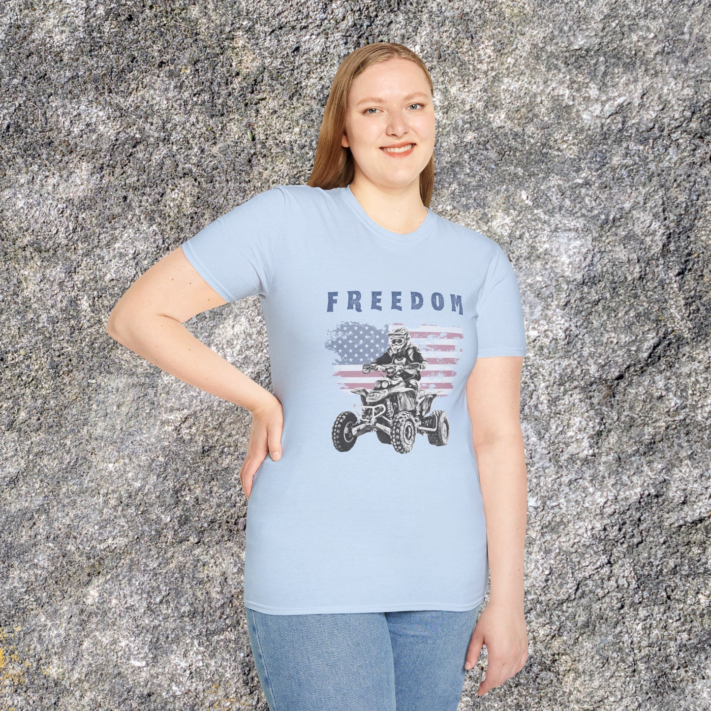 Mens ATV Shirt | Freedom Rider | American flag with man on Honda 400 EX ATV | Patriotic four wheeler riding shirt | SOFT Cotton Adult Unisex tee shirt | Four wheeler shirt for Boys