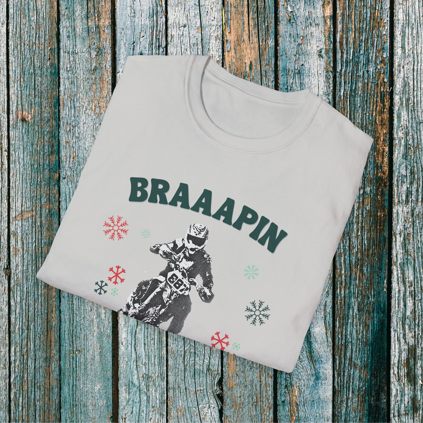 Holiday Motocross Racing Softstyle T-Shirt | Braaapin Through the Snow | Dirt Bike Ugly Sweater