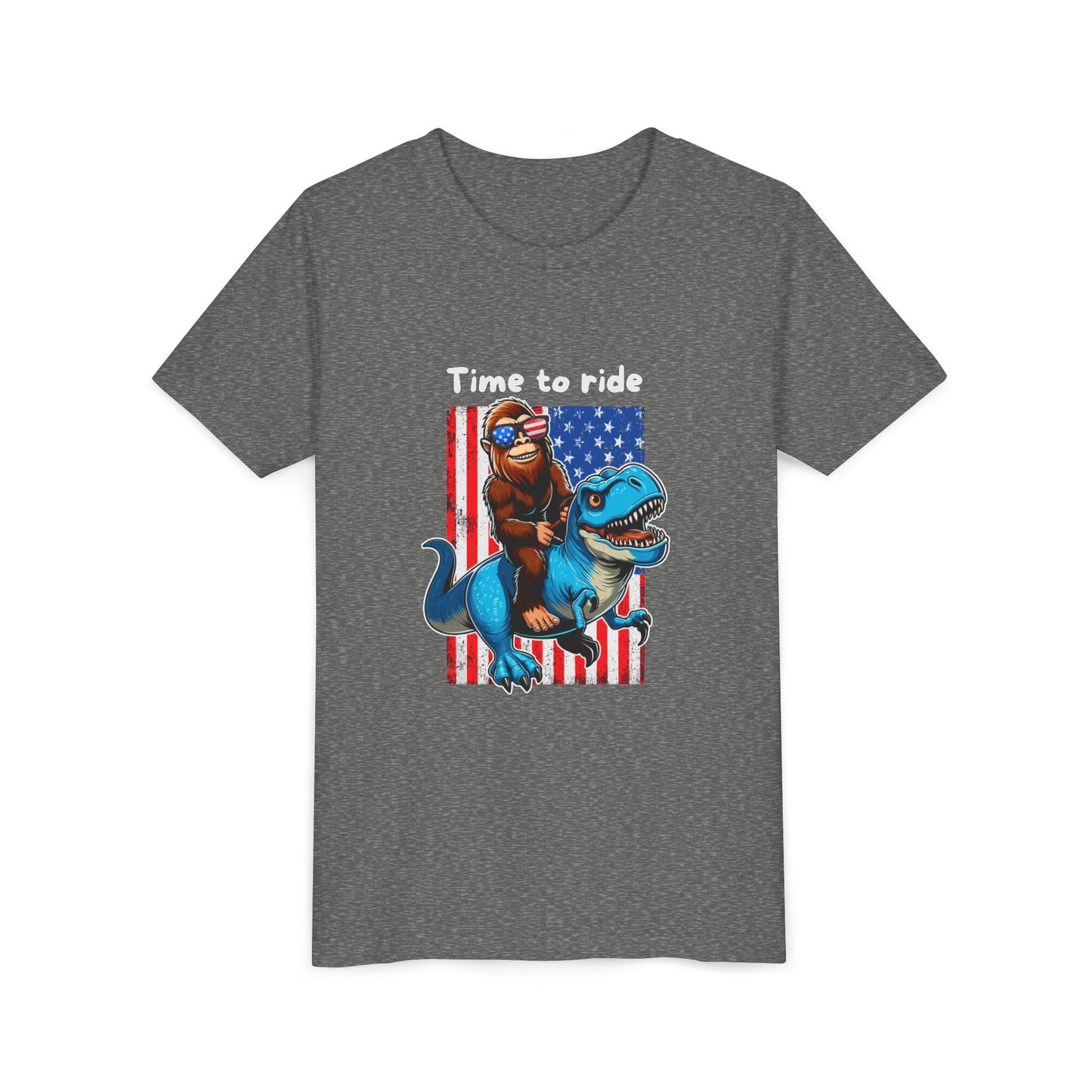Patriotic Bigfoot Dino Youth Tee | Funny Sasquatch Yeti Short Sleeve for Kids
