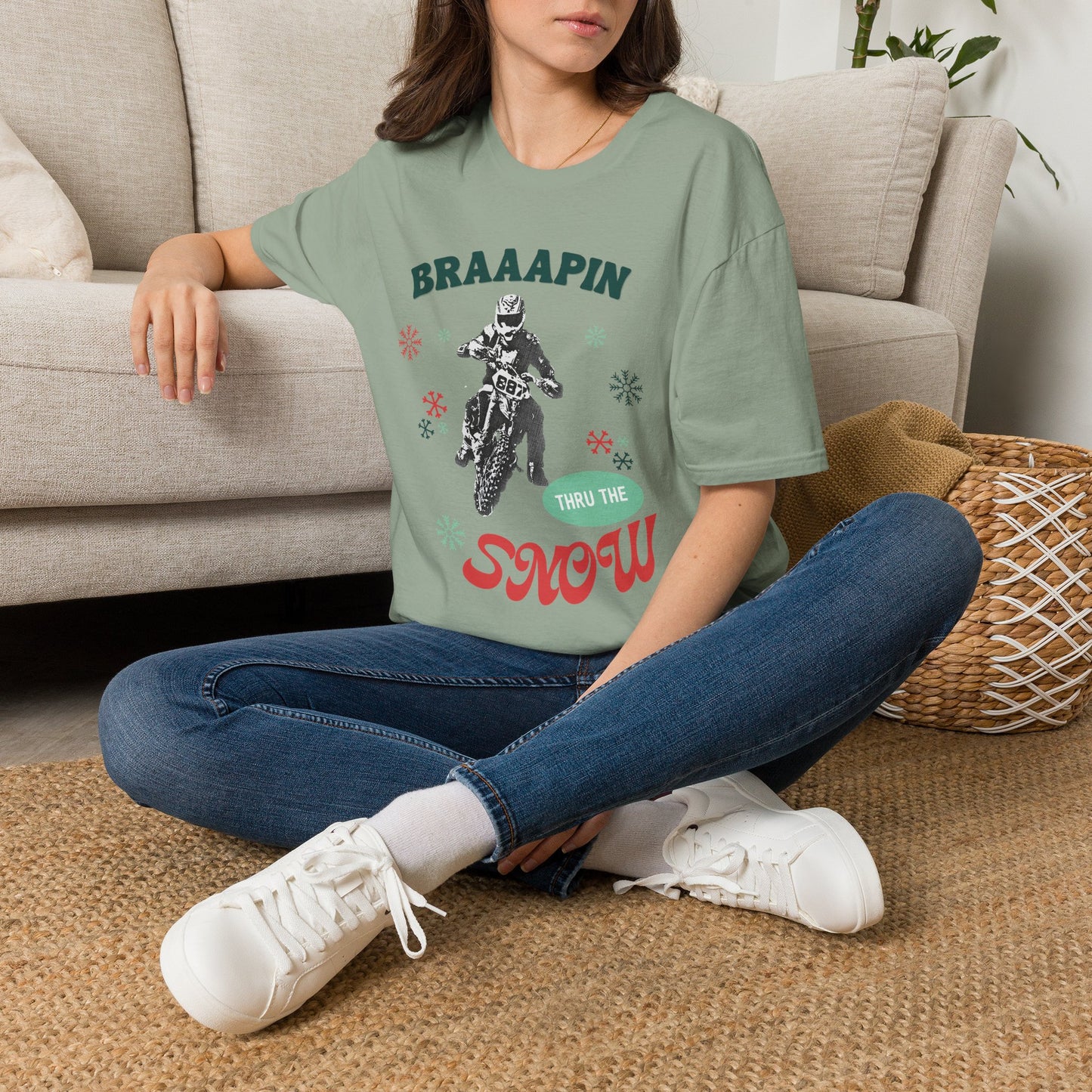 Holiday Motocross Racing Softstyle T-Shirt | Braaapin Through the Snow | Dirt Bike Ugly Sweater