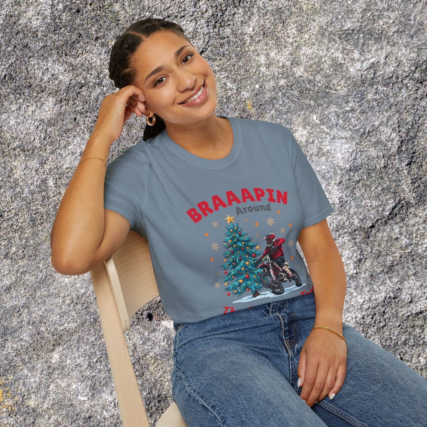 Holiday Bike Softstyle T-Shirt | Braaapin Around The Christmas Tree | Dirt Bike Ugly Sweater