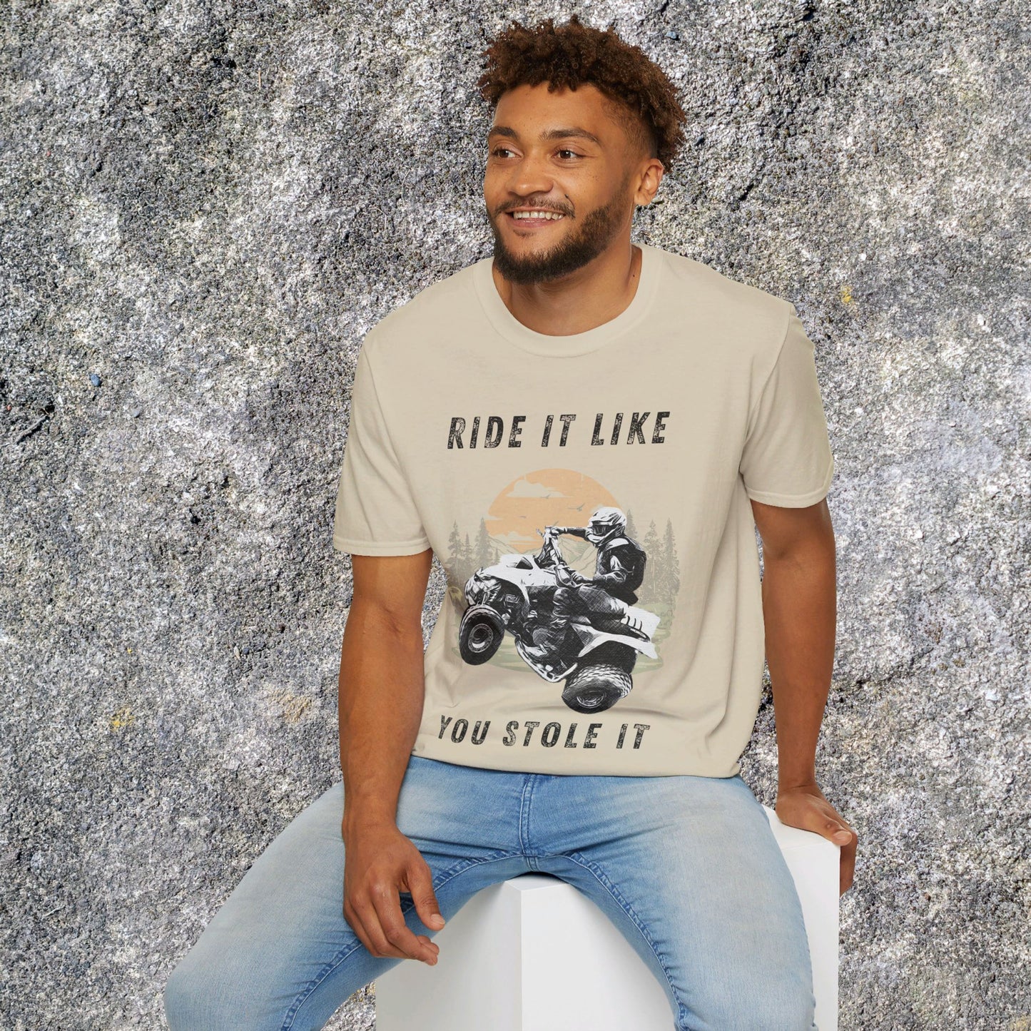 Mens Riding Shirt | Ride It Like You Stole It Man on Honda 400 EX ATV | SOFT Cotton Adult Unisex tee shirt | Four Wheeler shirt for men