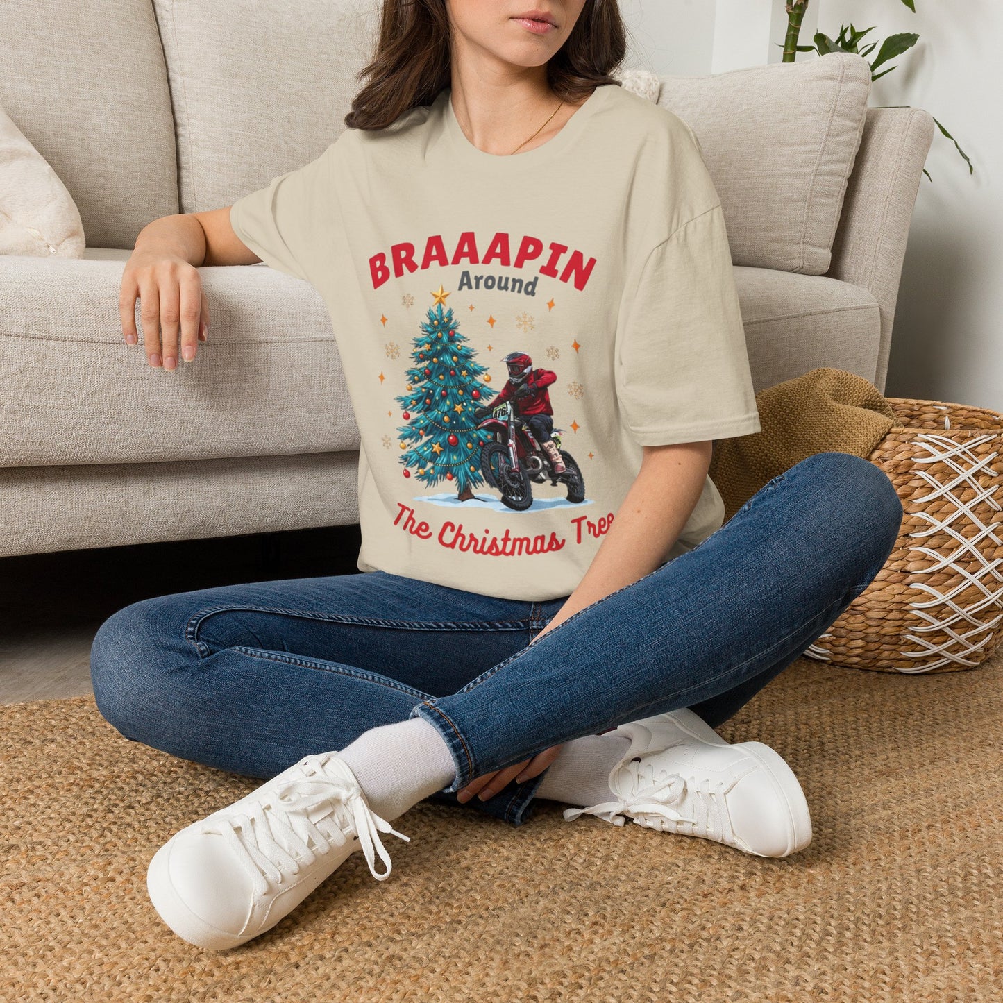 Holiday Bike Softstyle T-Shirt | Braaapin Around The Christmas Tree | Dirt Bike Ugly Sweater