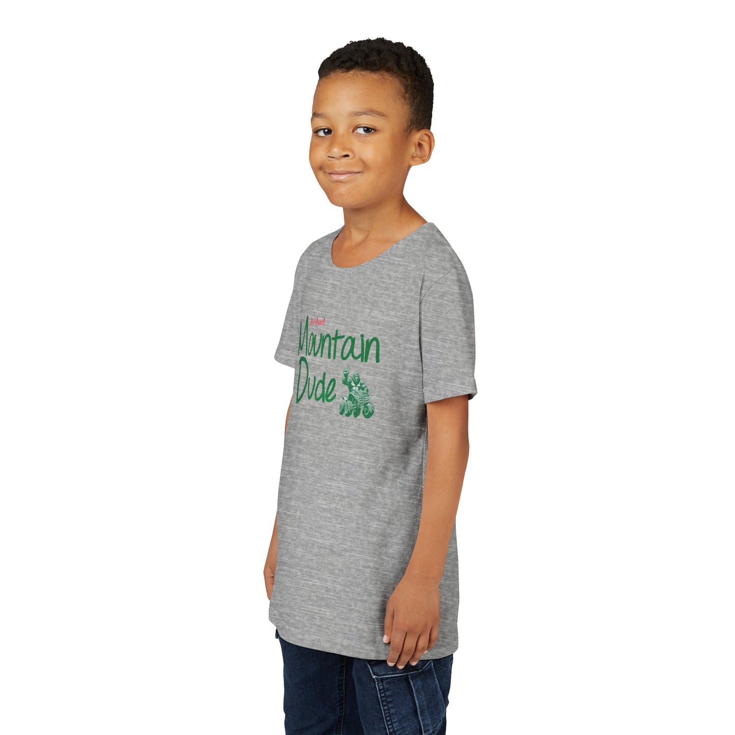 Youth Bigfoot Mountain Dude Tee | Funny Sasquatch/Yeti Short Sleeve Shirt for Kids | Old Mountain Dew Design