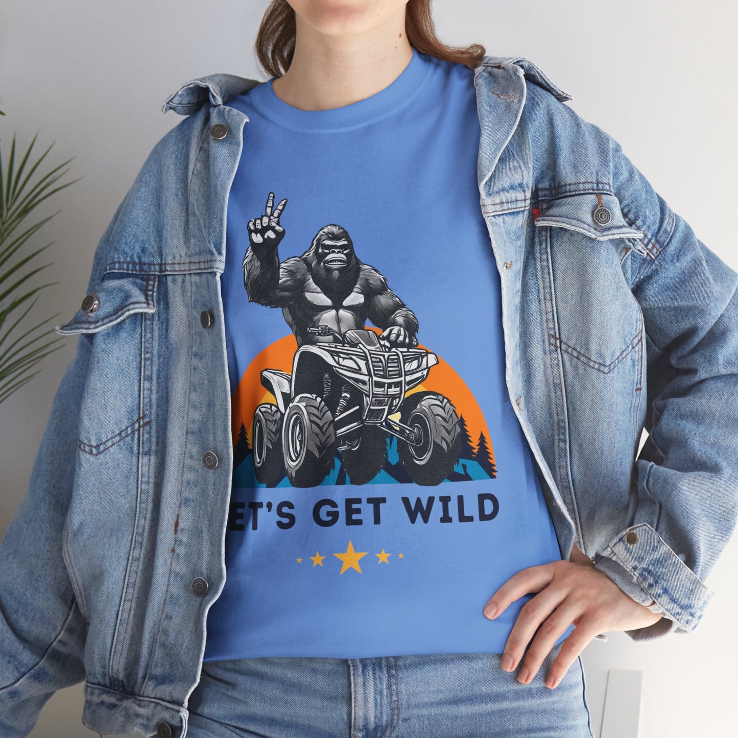Mens BigFoot Shirt | BigFoot Riding a FourWheeler Shirt | Let's Get Wild BigFoot Shirt | HEAVY Cotton Adult Unisex t shirt | ATV shirt for men | Fourwheeler shirts for boys