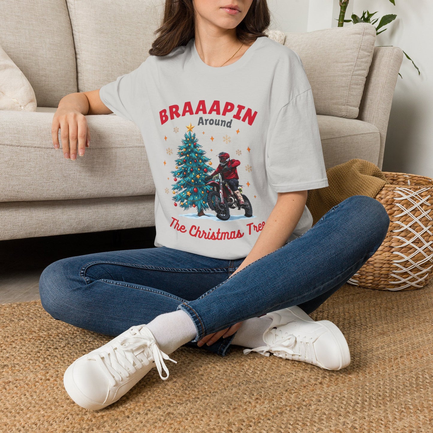Holiday Bike Softstyle T-Shirt | Braaapin Around The Christmas Tree | Dirt Bike Ugly Sweater