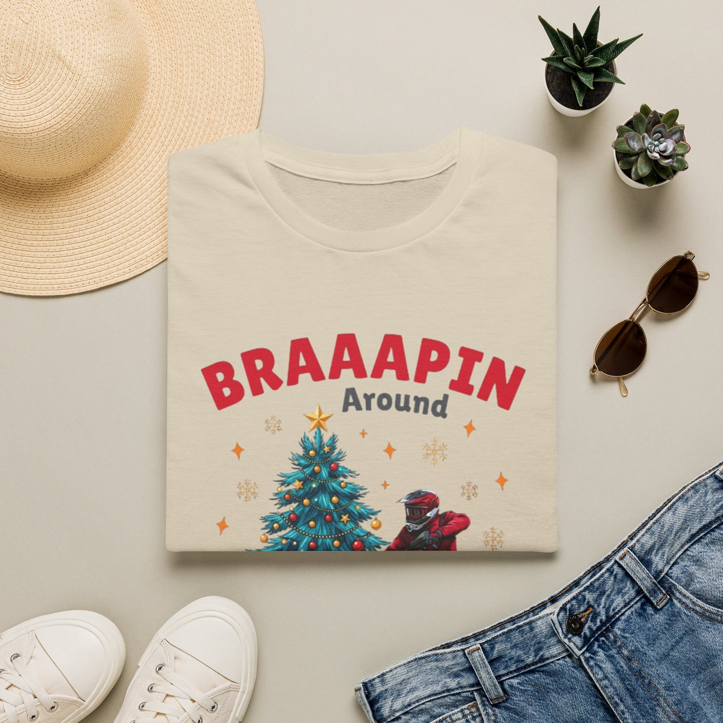 Holiday Bike Softstyle T-Shirt | Braaapin Around The Christmas Tree | Dirt Bike Ugly Sweater
