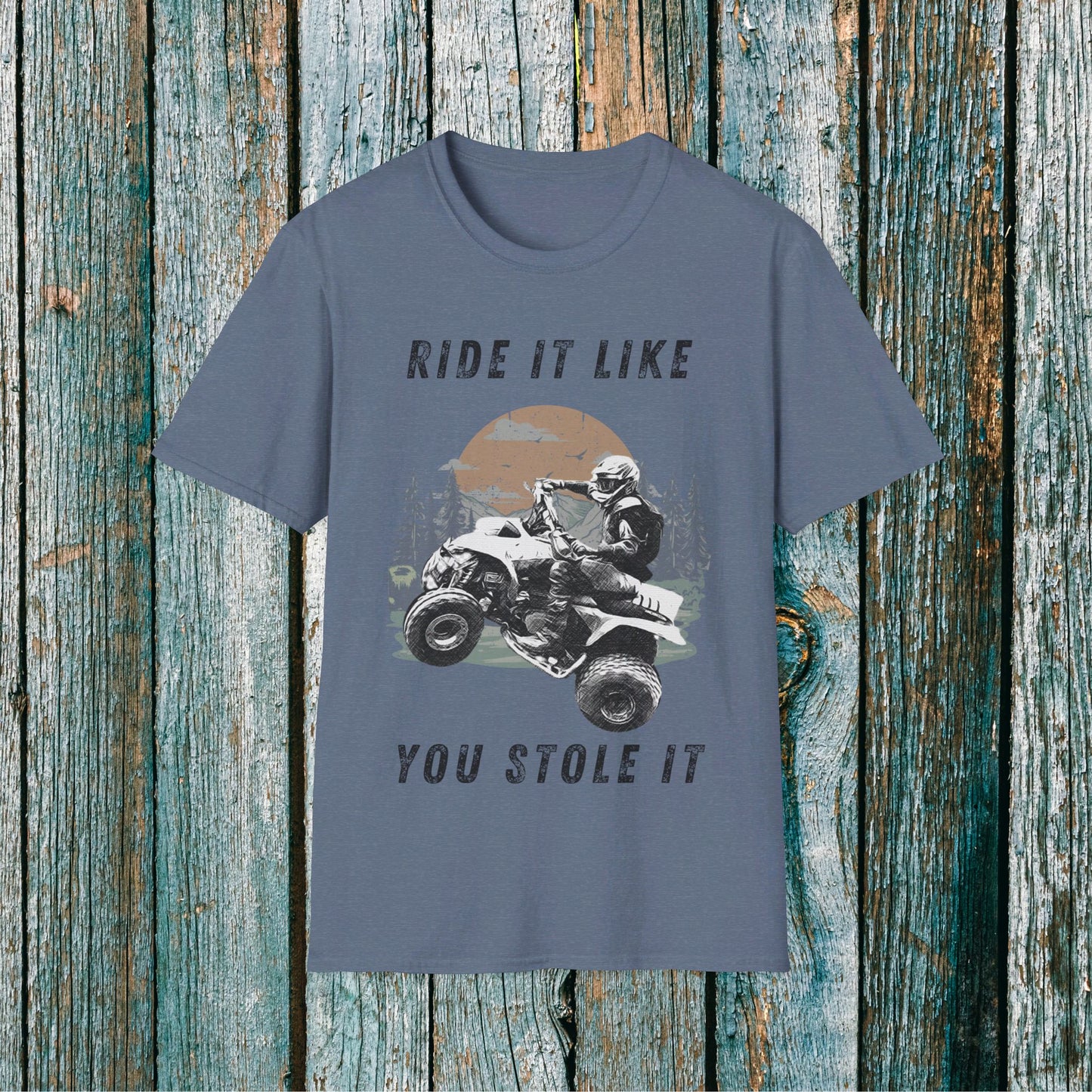 Mens Riding Shirt | Ride It Like You Stole It Man on Honda 400 EX ATV | SOFT Cotton Adult Unisex tee shirt | Four Wheeler shirt for men