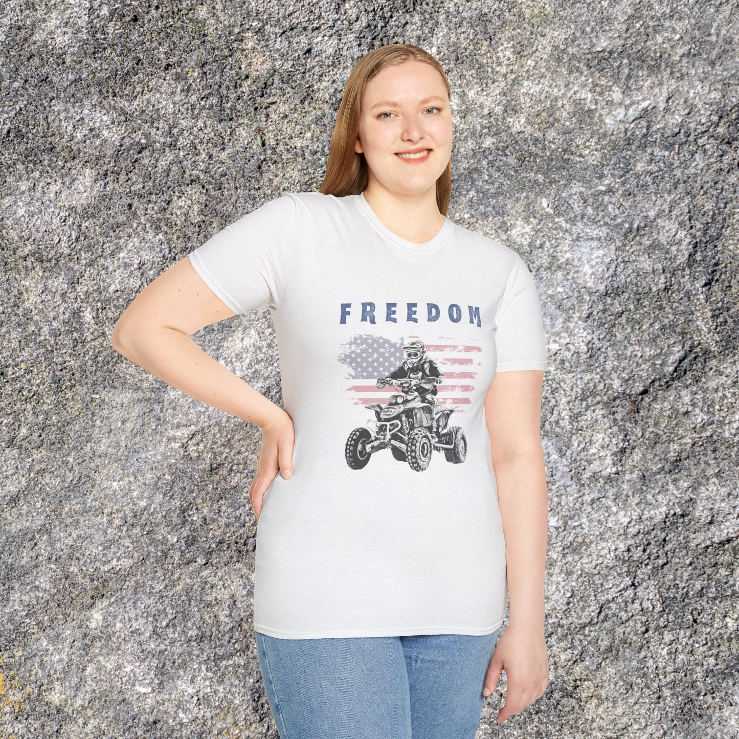 Mens ATV Shirt | Freedom Rider | American flag with man on Honda 400 EX ATV | Patriotic four wheeler riding shirt | SOFT Cotton Adult Unisex tee shirt | Four wheeler shirt for Boys