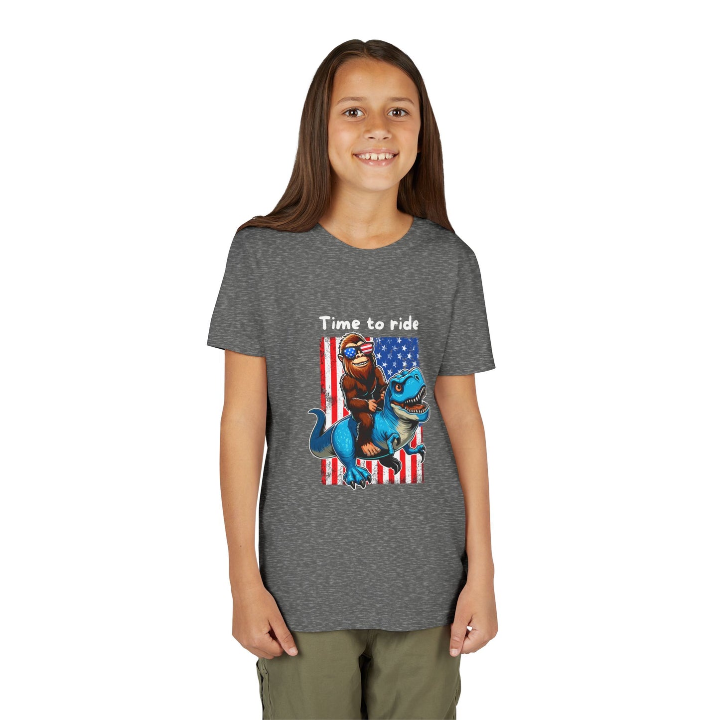 Patriotic Bigfoot Dino Youth Tee | Funny Sasquatch Yeti Short Sleeve for Kids
