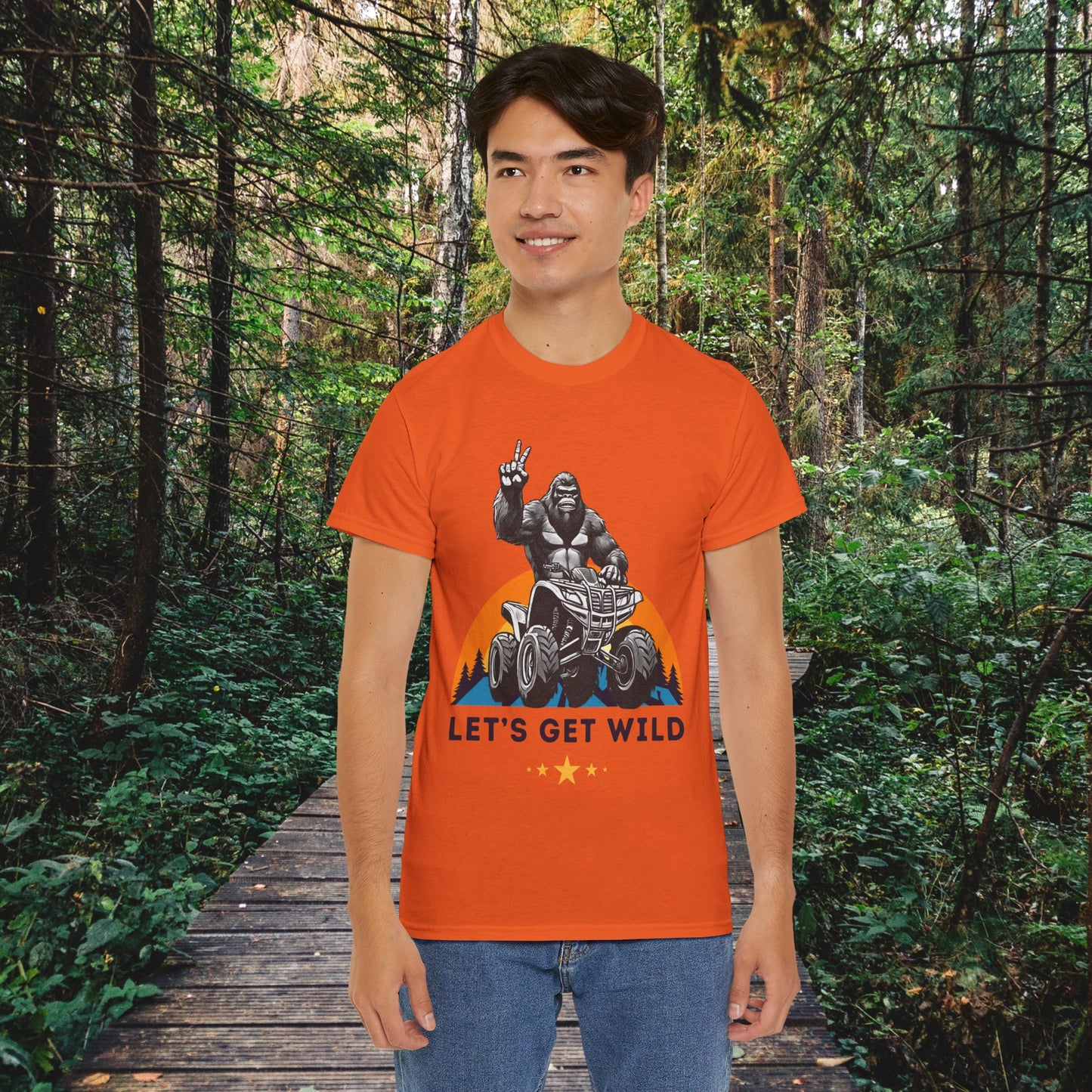 Mens BigFoot Shirt | BigFoot Riding a FourWheeler Shirt | Let's Get Wild BigFoot Shirt | HEAVY Cotton Adult Unisex t shirt | ATV shirt for men | Fourwheeler shirts for boys