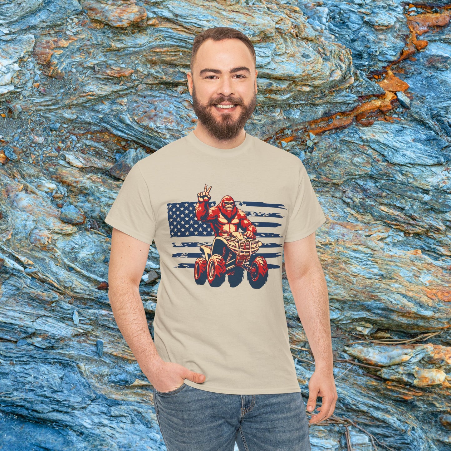 Mens BigFoot Shirt | BigFoot Riding a FourWheeler Shirt | Patriotic Flag & BigFoot Shirt | HEAVY Cotton Adult Unisex t shirt | ATV shirt for men | Fourwheeler shirts for boys