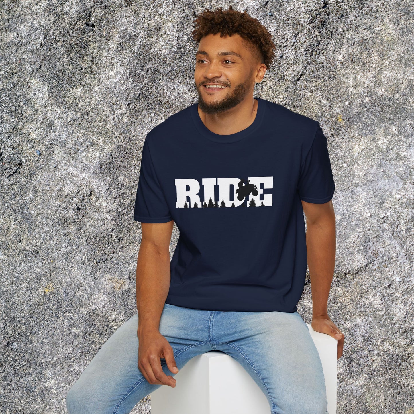 ATV RIDE Big Letters T-Shirt | Man on Honda 400EX Fourwheeler rides through the forest
