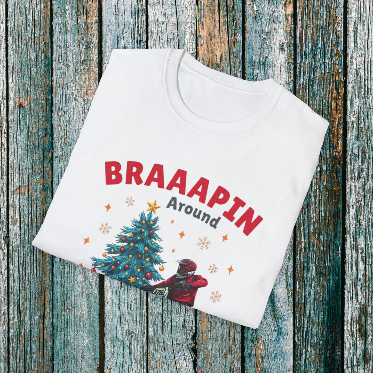Holiday Bike Softstyle T-Shirt | Braaapin Around The Christmas Tree | Dirt Bike Ugly Sweater