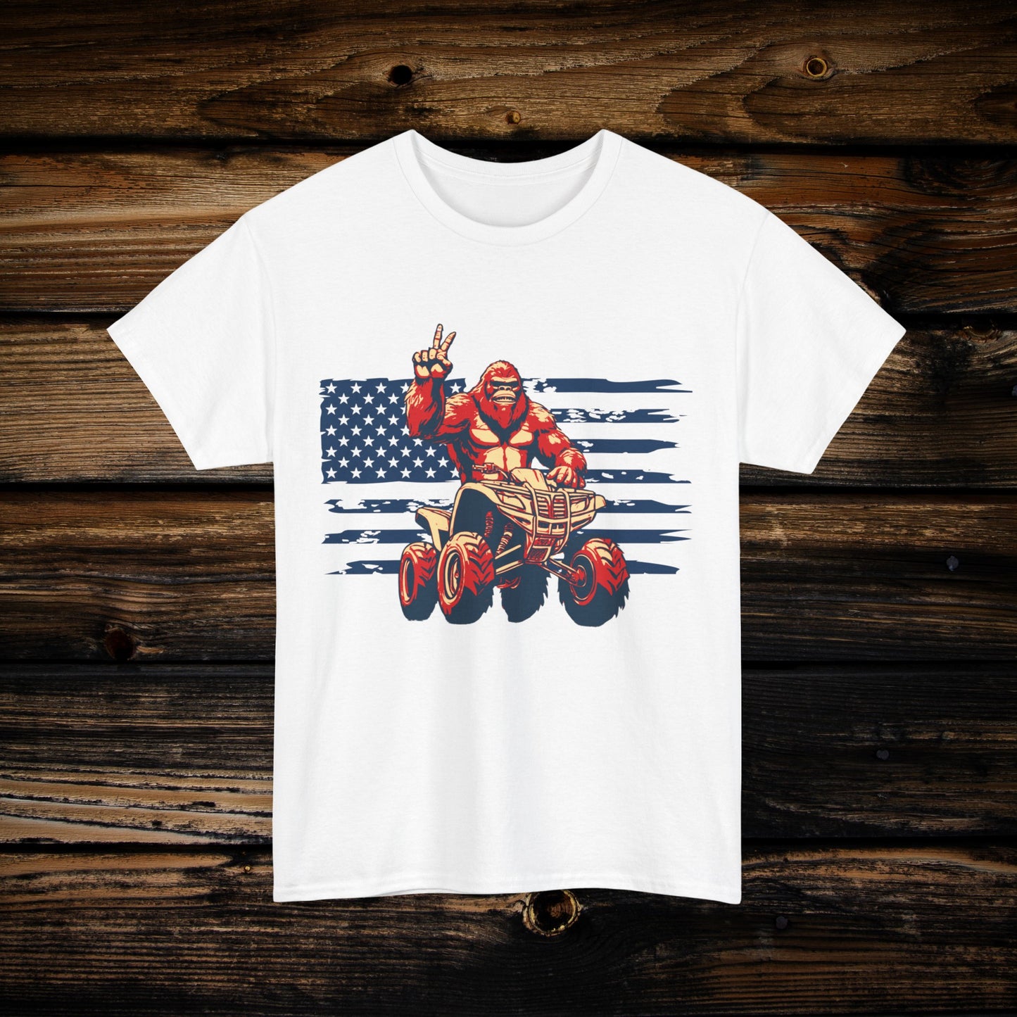 Mens BigFoot Shirt | BigFoot Riding a FourWheeler Shirt | Patriotic Flag & BigFoot Shirt | HEAVY Cotton Adult Unisex t shirt | ATV shirt for men | Fourwheeler shirts for boys